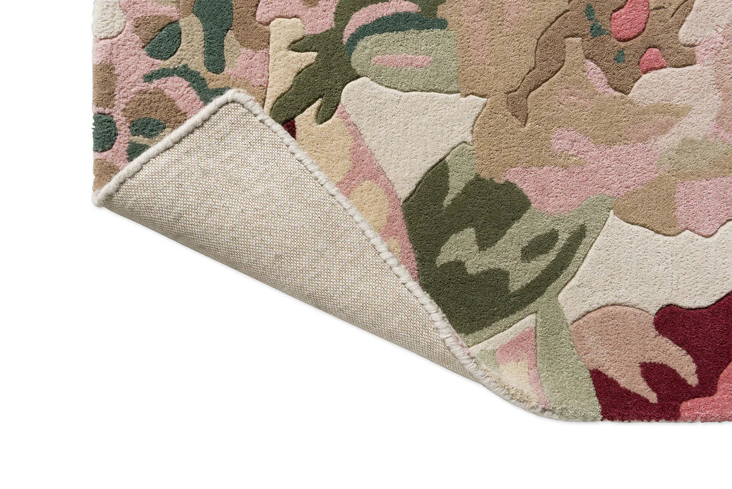 Sanderson Rose & Peony Red Rug featuring abstract floral pattern in blush pink, sage green, olive, cream on beige, hand-tufted wool