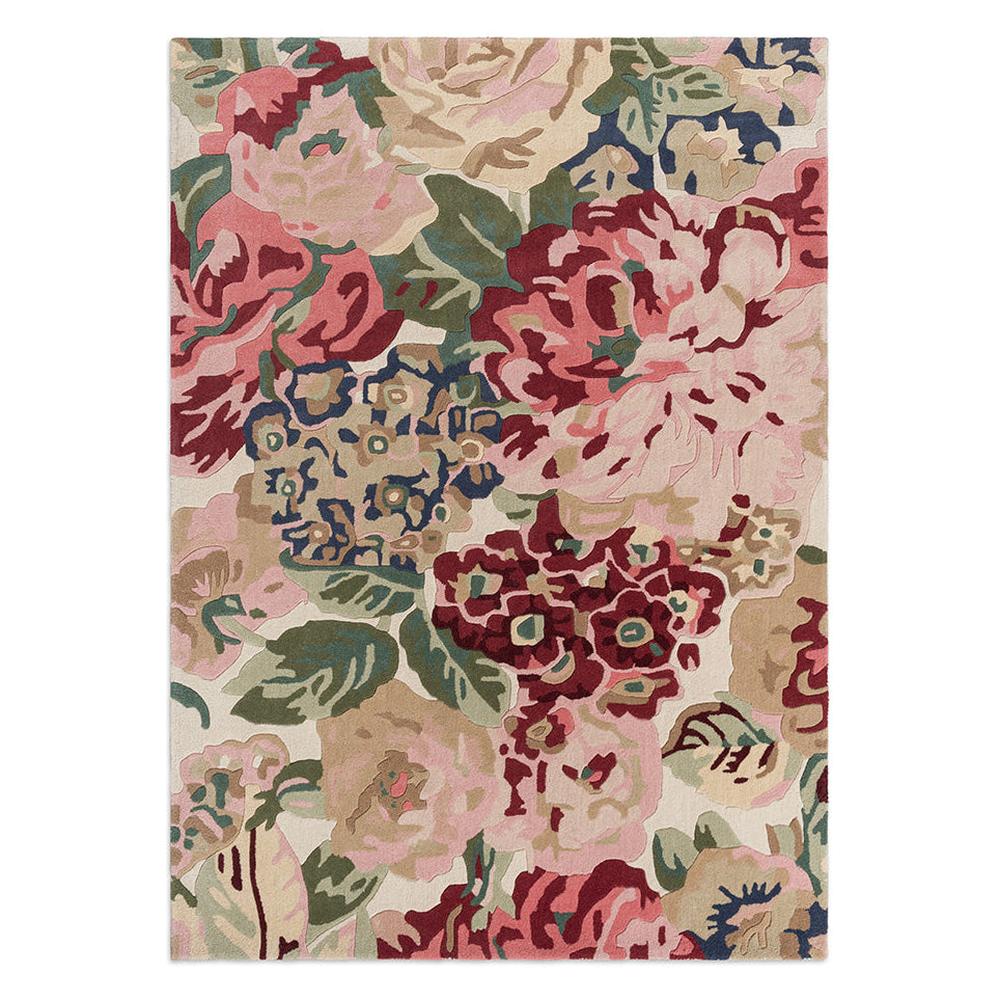 Sanderson Rose & Peony Red Designer Rug hand-tufted wool, with large painterly rose and peony blooms in deep red, blush pink, cream, olive green and navy.
