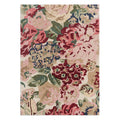 Sanderson Rose & Peony Red Designer Rug hand-tufted wool, with large painterly rose and peony blooms in deep red, blush pink, cream, olive green and navy.