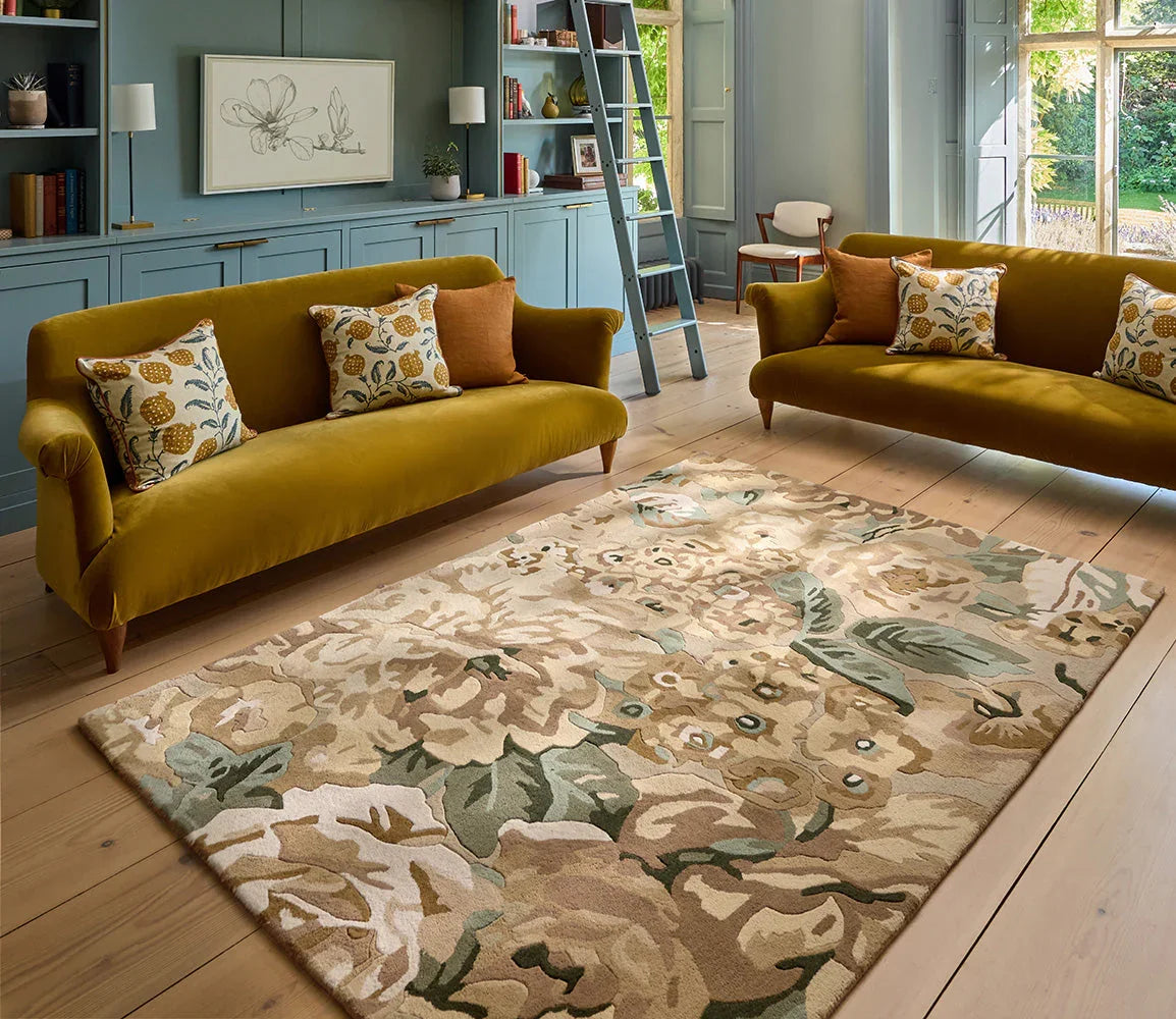 Sanderson Rose&Peony Birch Designer Rug featuring floral pattern in cream, taupe, sage green, dusty pink on beige, hand-tufted wool