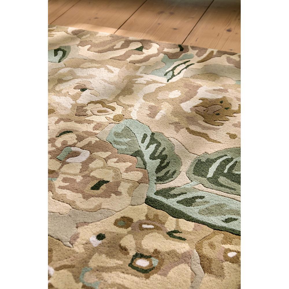 Sanderson Rose&Peony Birch rug featuring floral pattern in beige, cream, sage-green, pale blue and taupe on light beige, hand-tufted wool