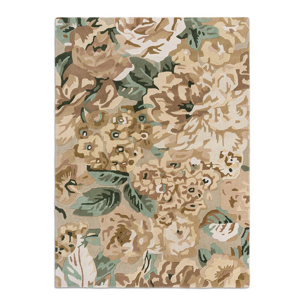 Sanderson Rose & Peony Birch Designer Rug hand-tufted wool, with large painterly rose and peony floral pattern in soft sandy beige, cream, birch, and muted green tones.