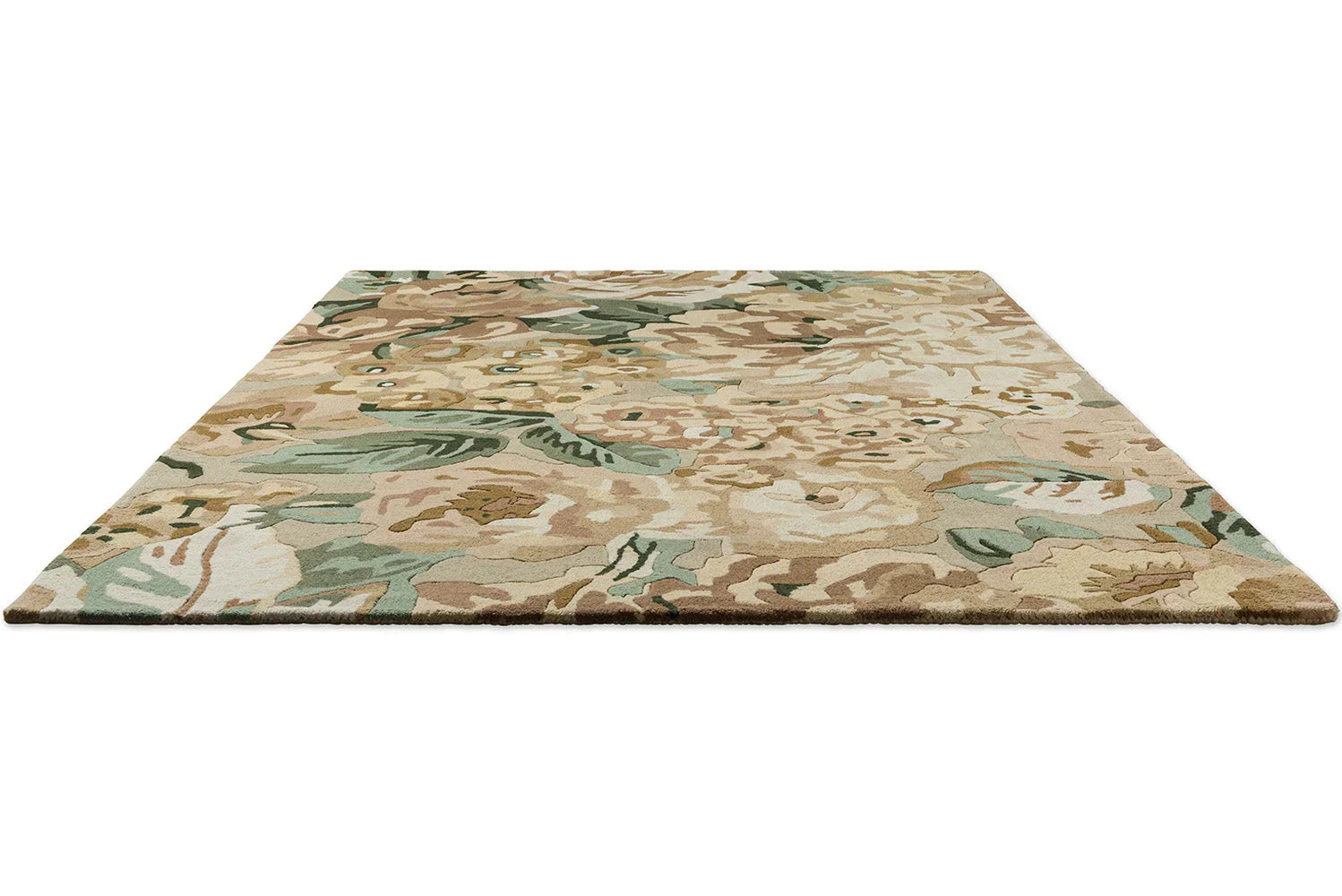 Sanderson Rose&Peony Birch Designer Rug featuring botanical floral pattern in sage-green, champagne, rose, taupe on cream, hand-tufted wool