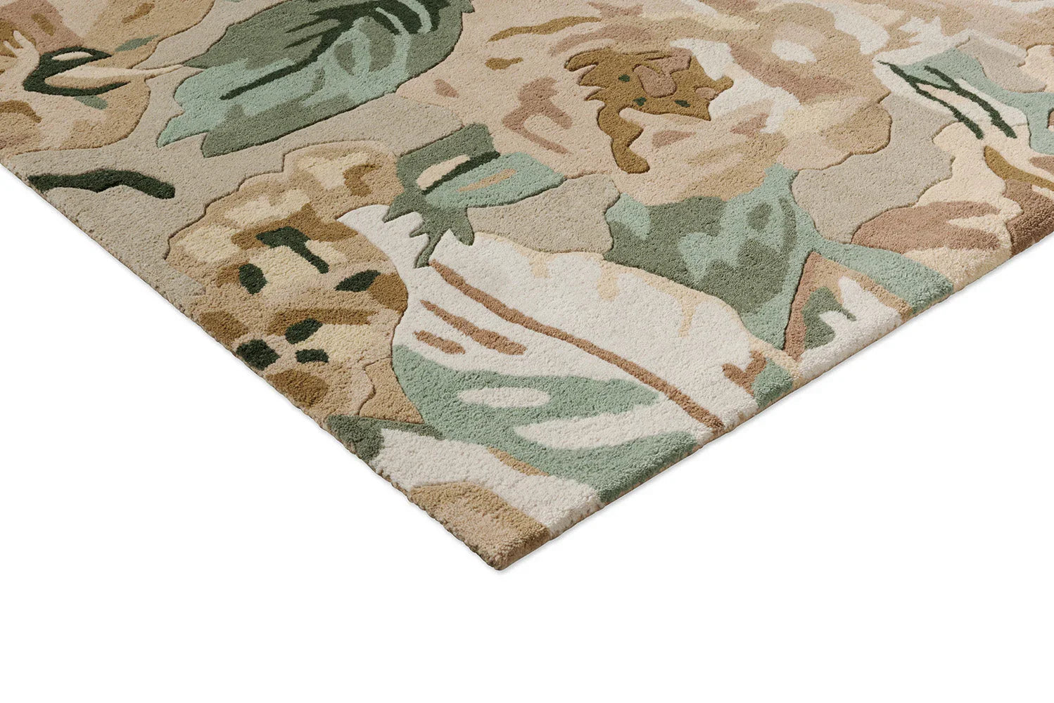 Sanderson Rose&Peony Birch Designer Rug featuring botanical pattern in beige, sage green, olive, cream and dusty pink on neutral beige background, hand-tufted wool