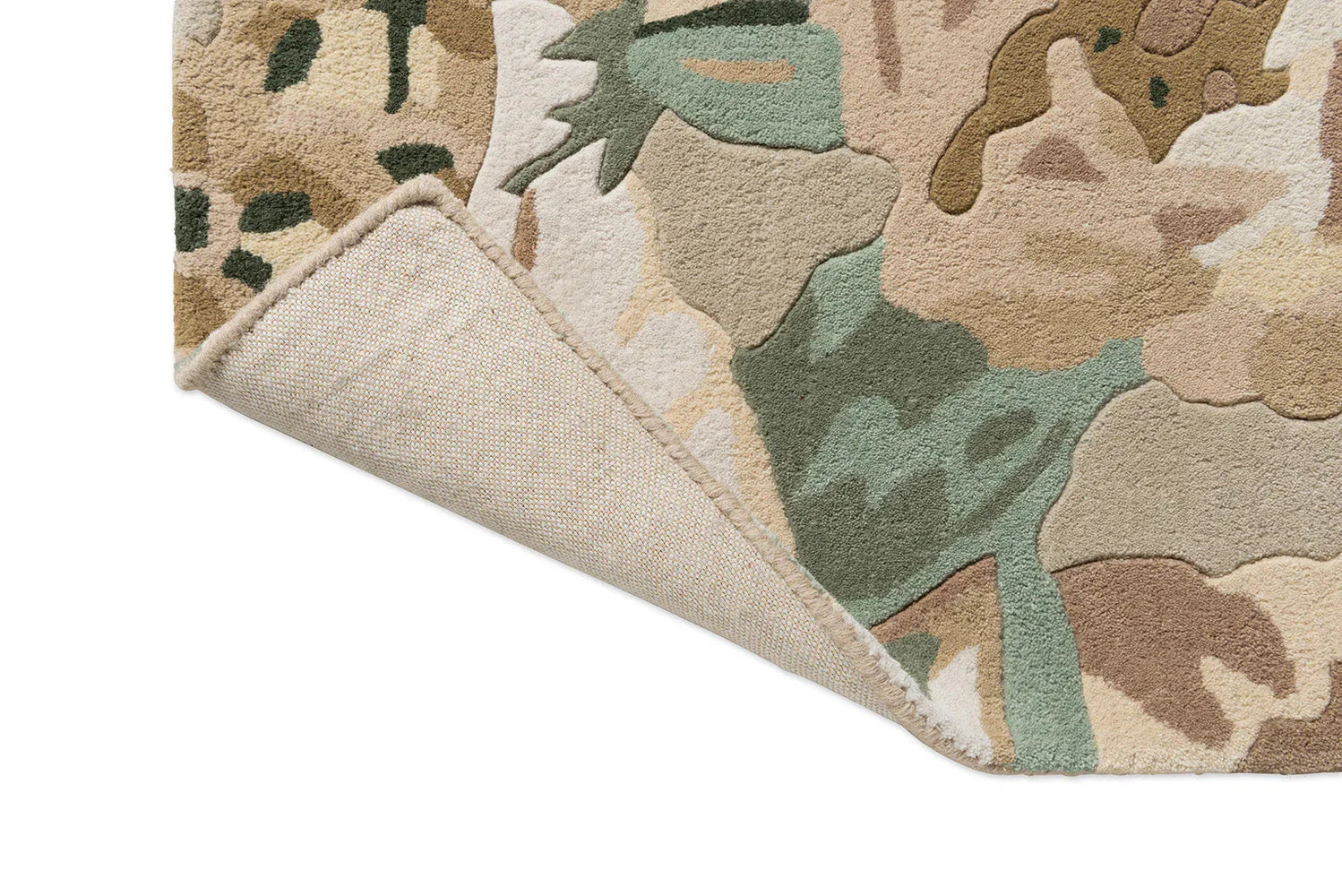 Sanderson Rose&Peony Birch designer rug featuring abstract camouflage pattern in sage green, beige, tan, cream on ivory, hand-tufted wool