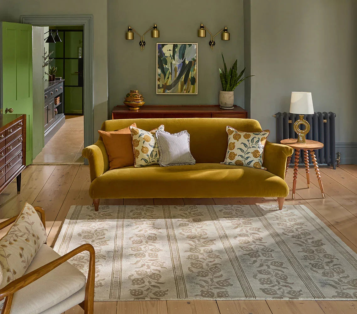 Sanderson Anaar Flax Designer Rug featuring floral vine pattern in beige, taupe and grey on ivory background, hand-tufted wool
