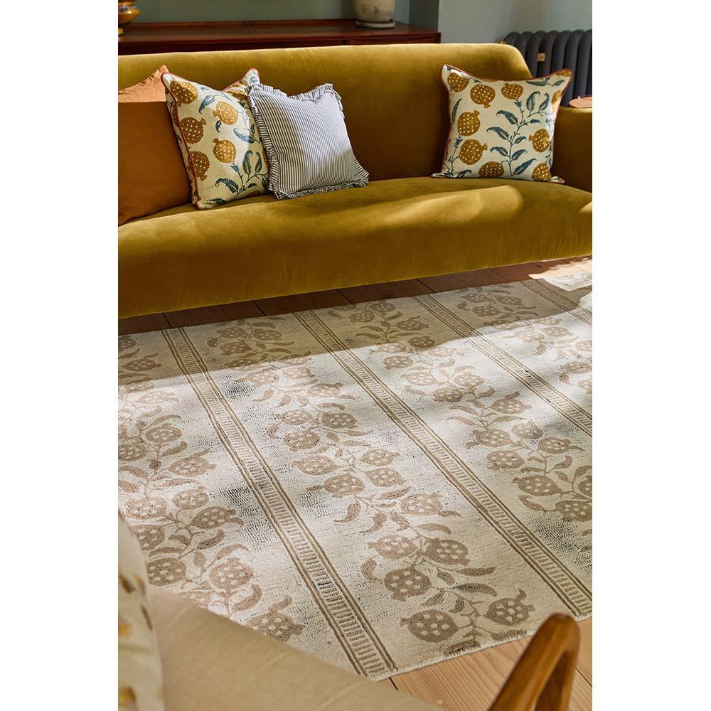 Sanderson Anaar Flax Designer Rug featuring floral stripe pattern in ivory, taupe and camel on cream background, hand-tufted wool
