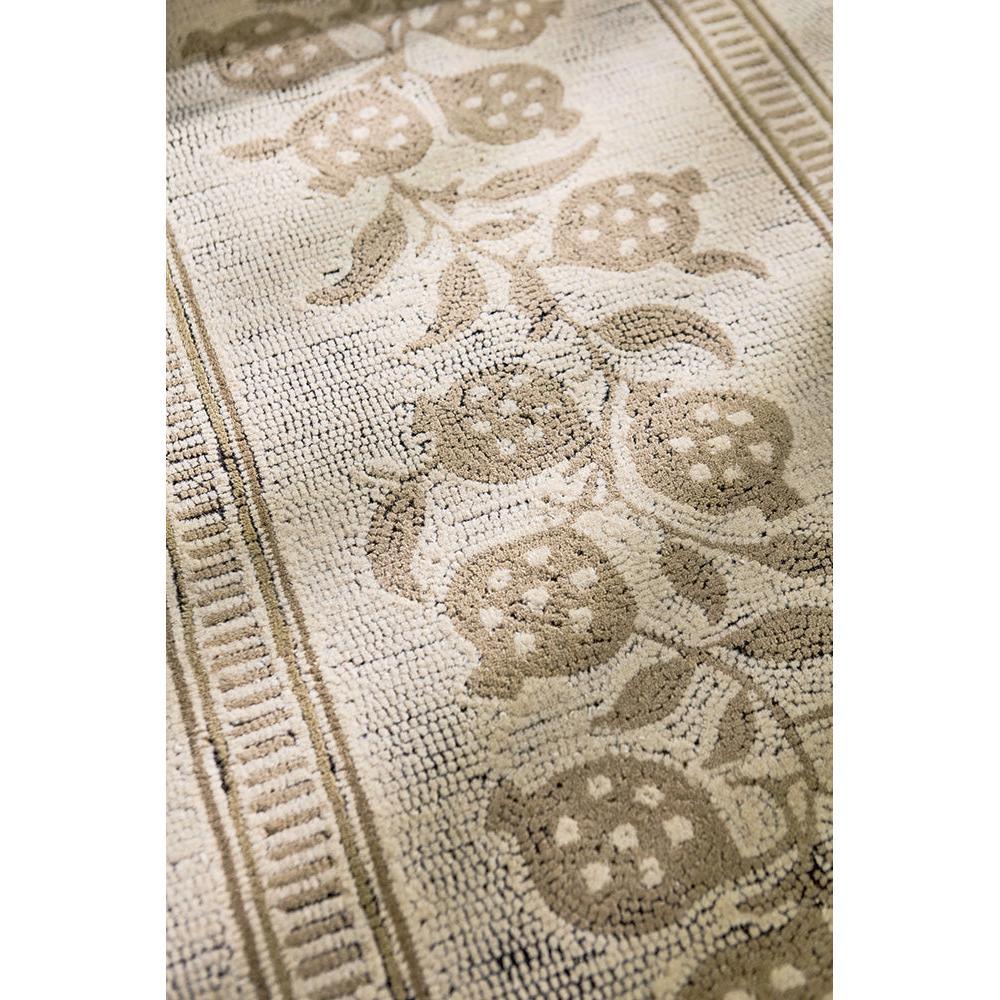 Sanderson Anaar Flax Designer Rug featuring floral pattern in beige, taupe and ivory on cream background, machine-woven wool