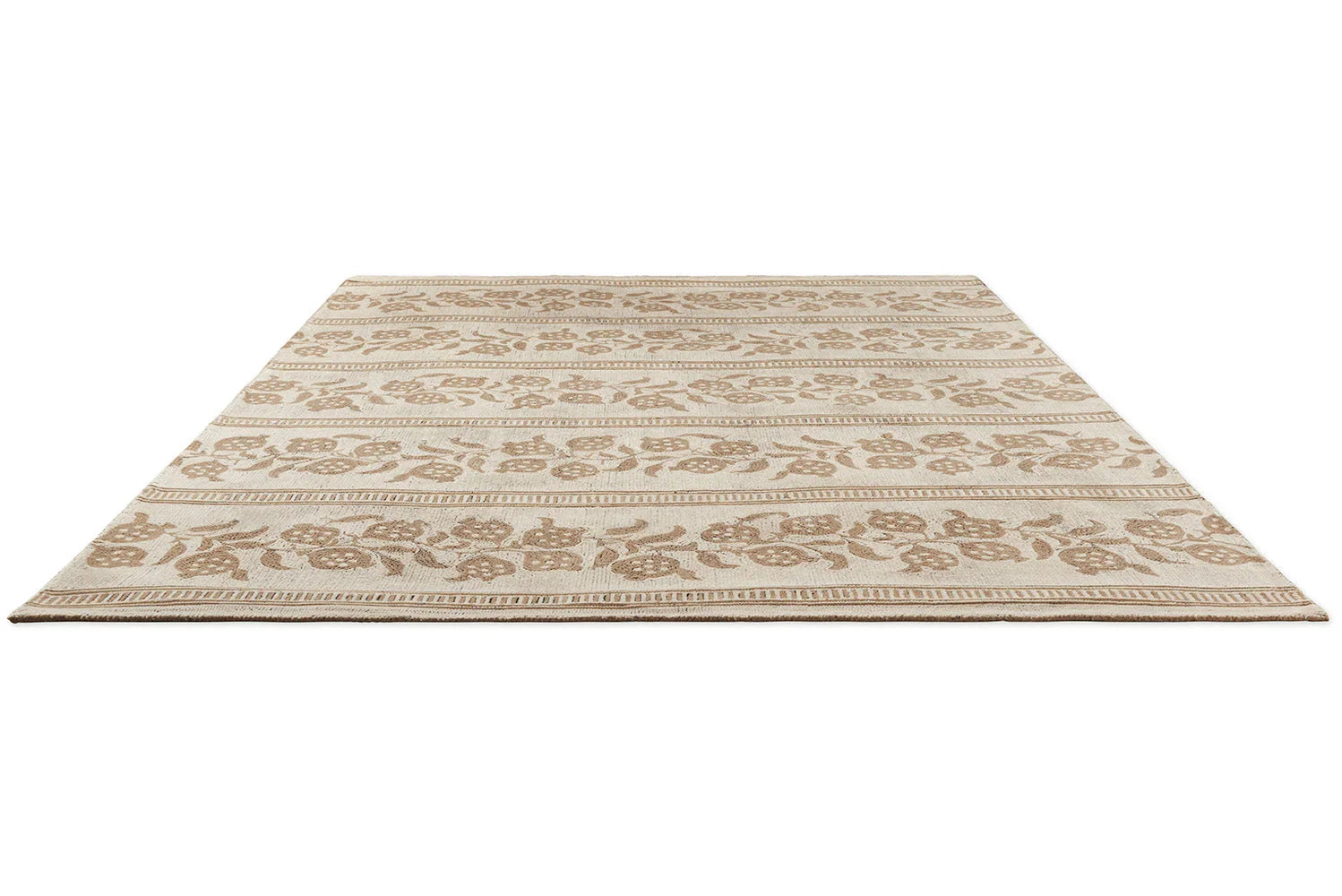 Sanderson Anaar Flax Designer Rug featuring floral stripe in flax beige, taupe and cream on cream background, hand-tufted wool