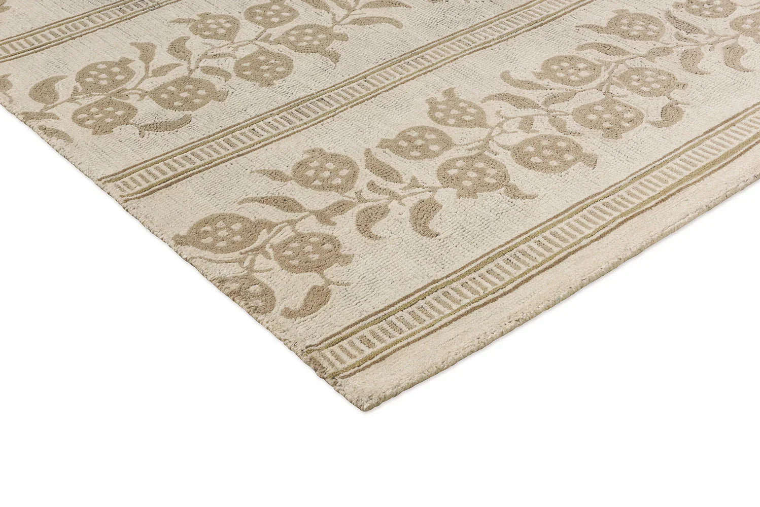 Sanderson Anaar Flax Designer Rug featuring botanical floral border in flax, beige & taupe on cream background, machine-woven wool blend