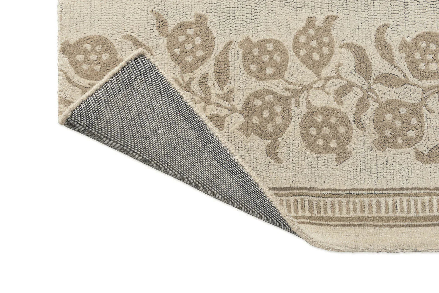 Sanderson Anaar Flax Designer Rug featuring pomegranate botanical pattern in taupe, beige and cream on flax background, hand-tufted