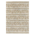 Sanderson Anaar Flax hand-tufted wool rug featuring stylised pomegranates and leaves in horizontal striped pattern with warm flax and cream neutral tones
