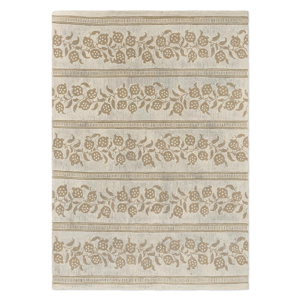 Sanderson Anaar Flax hand-tufted wool rug featuring stylised pomegranates and leaves in horizontal striped pattern with warm flax and cream neutral tones
