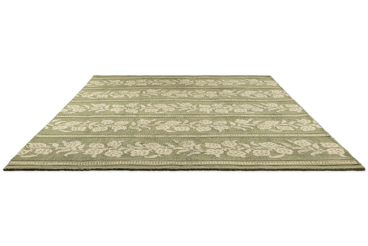 Sanderson Anaar Forest Green Designer Rug featuring floral stripe pattern in forest green and cream on ivory background, woven