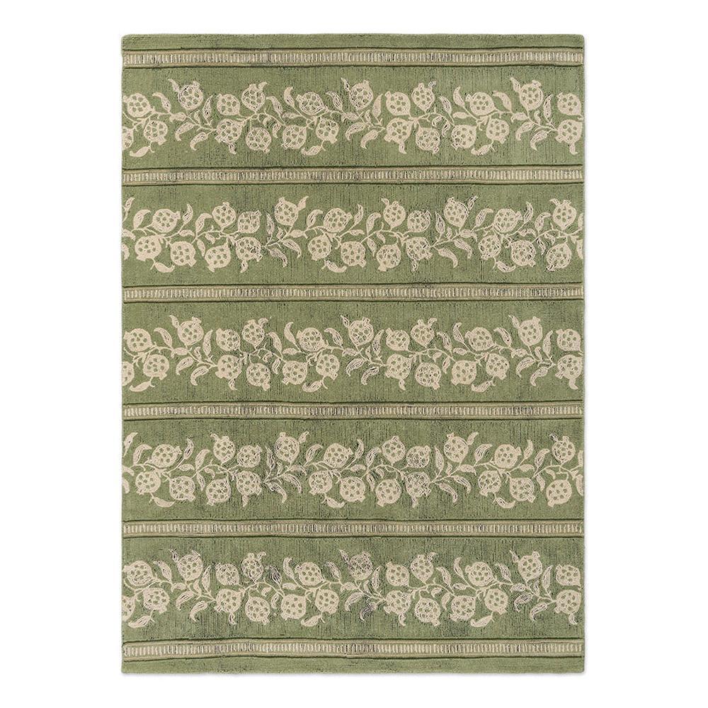 Sanderson Anaar Forest Green hand-tufted wool rug featuring stylised pomegranates and leaves in horizontal striped pattern with forest green and cream tones
