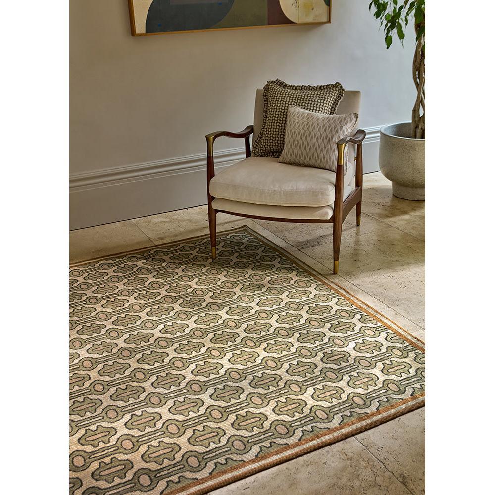 Sanderson Matmi Avocado rug featuring geometric lattice pattern in avocado green, sage and taupe on cream, hand-tufted wool