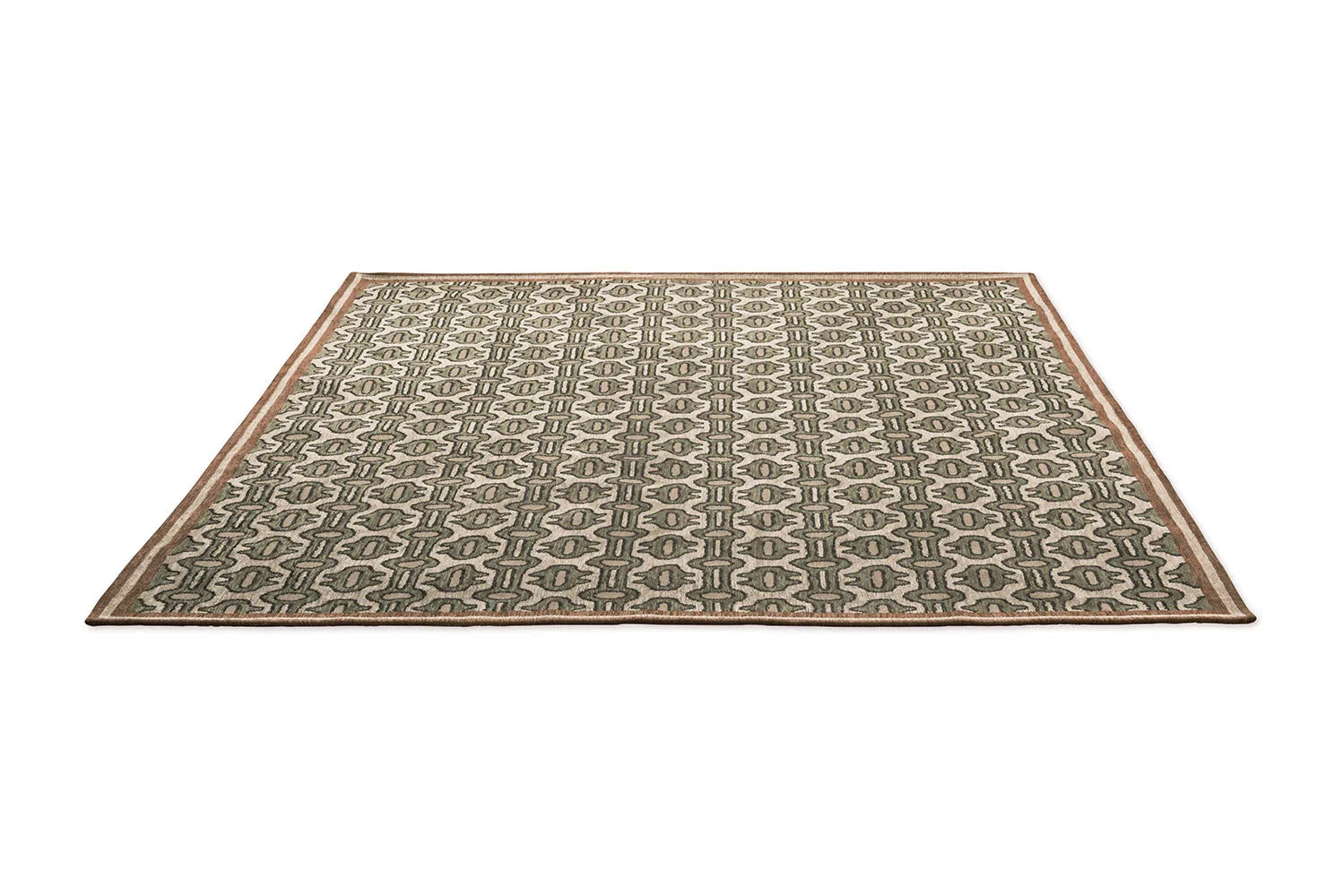 Sanderson Matmi Avocado Rug featuring geometric motif in olive green, cream and brown on ivory background, hand-tufted wool