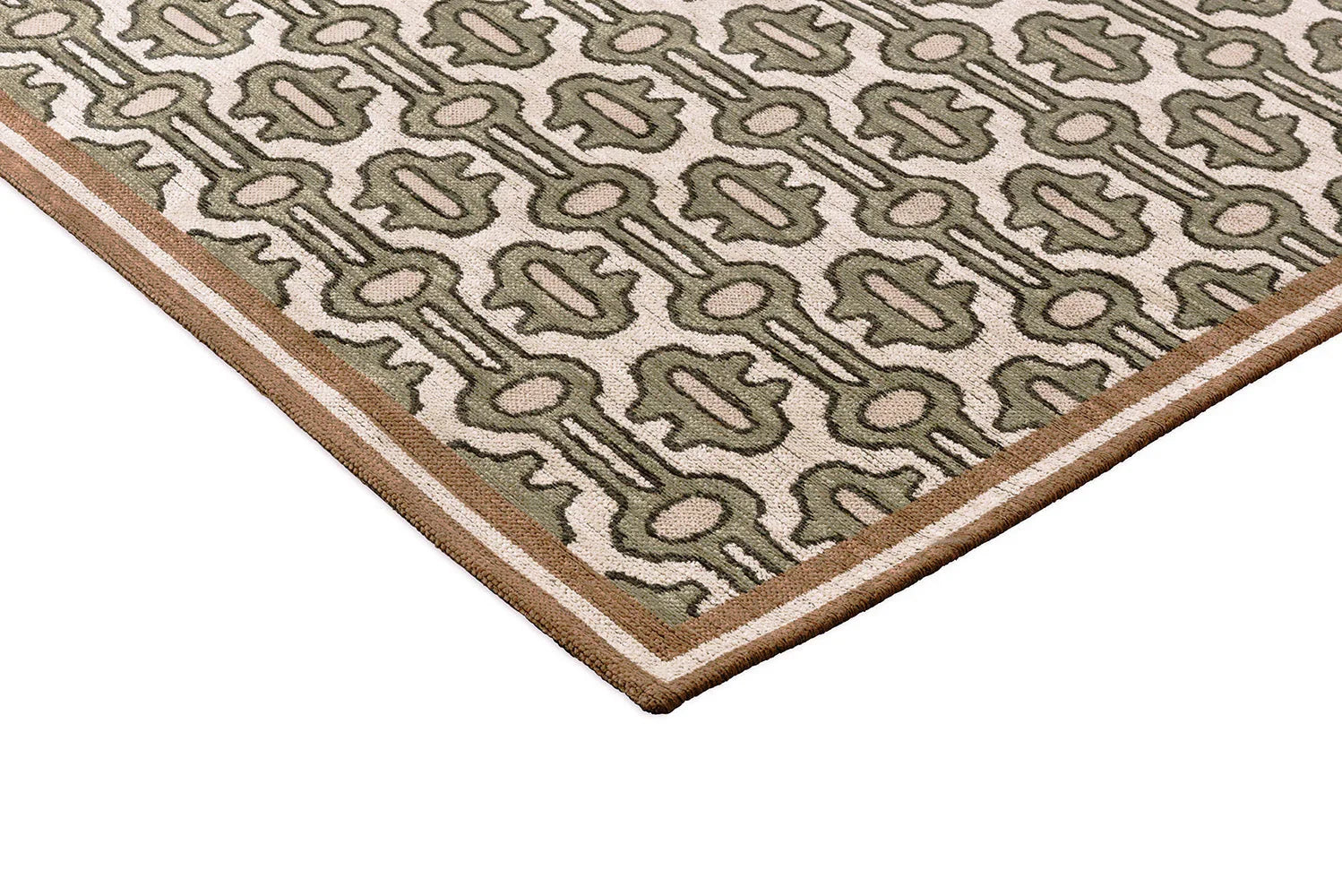 Sanderson Matmi Avocado Rug featuring geometric trellis in olive green, sage and cream on beige background, hand-tufted wool