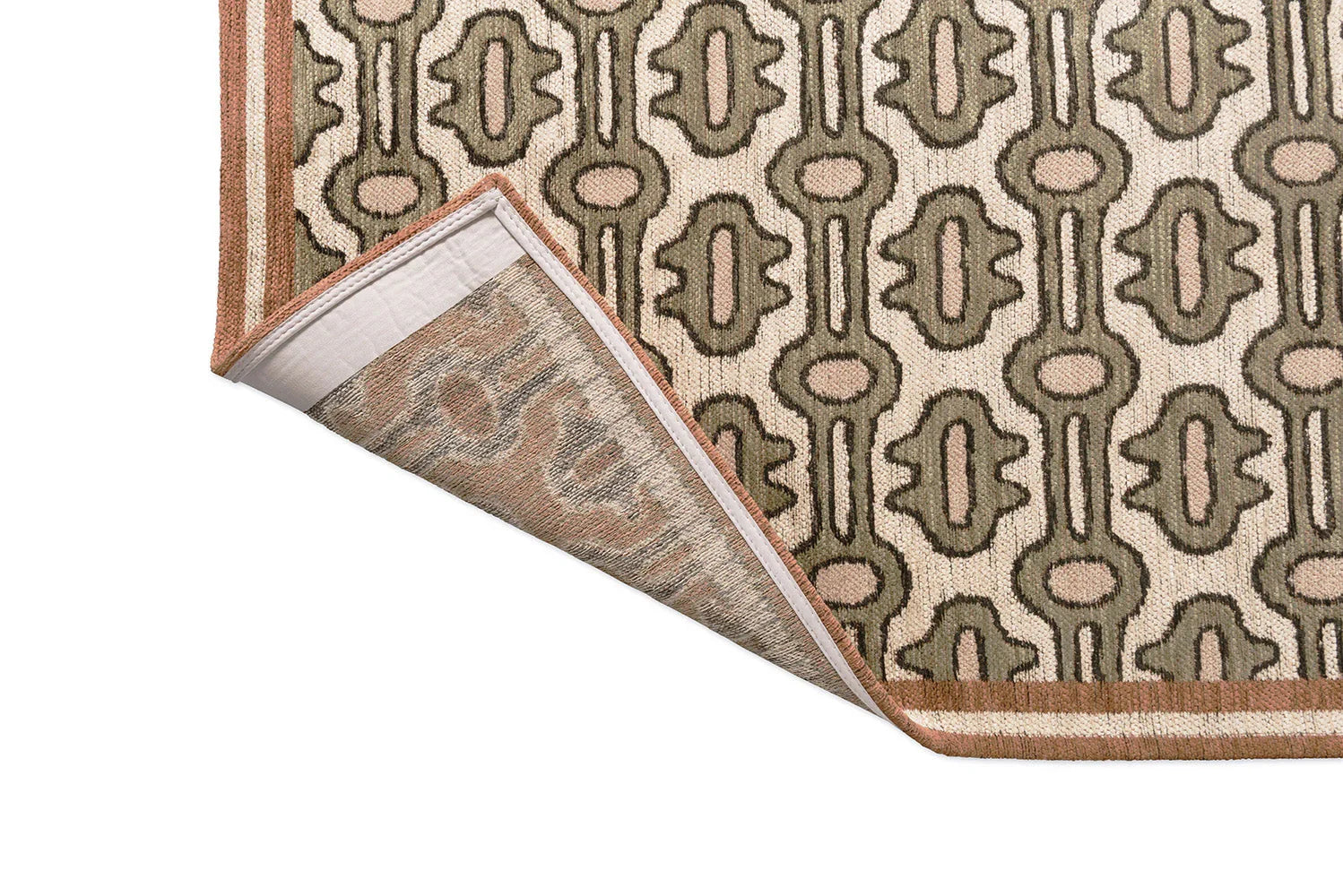 Sanderson Matmi Avocado Designer Rug featuring geometric linked-oval pattern in olive green, cream, blush on light beige background, hand-tufted wool