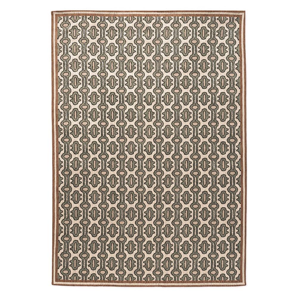 Sanderson Matmi Avocado jacquard woven rug featuring abstract geometric chain-link pattern in charcoal grey, warm ochre, and off-white with double-lined border
