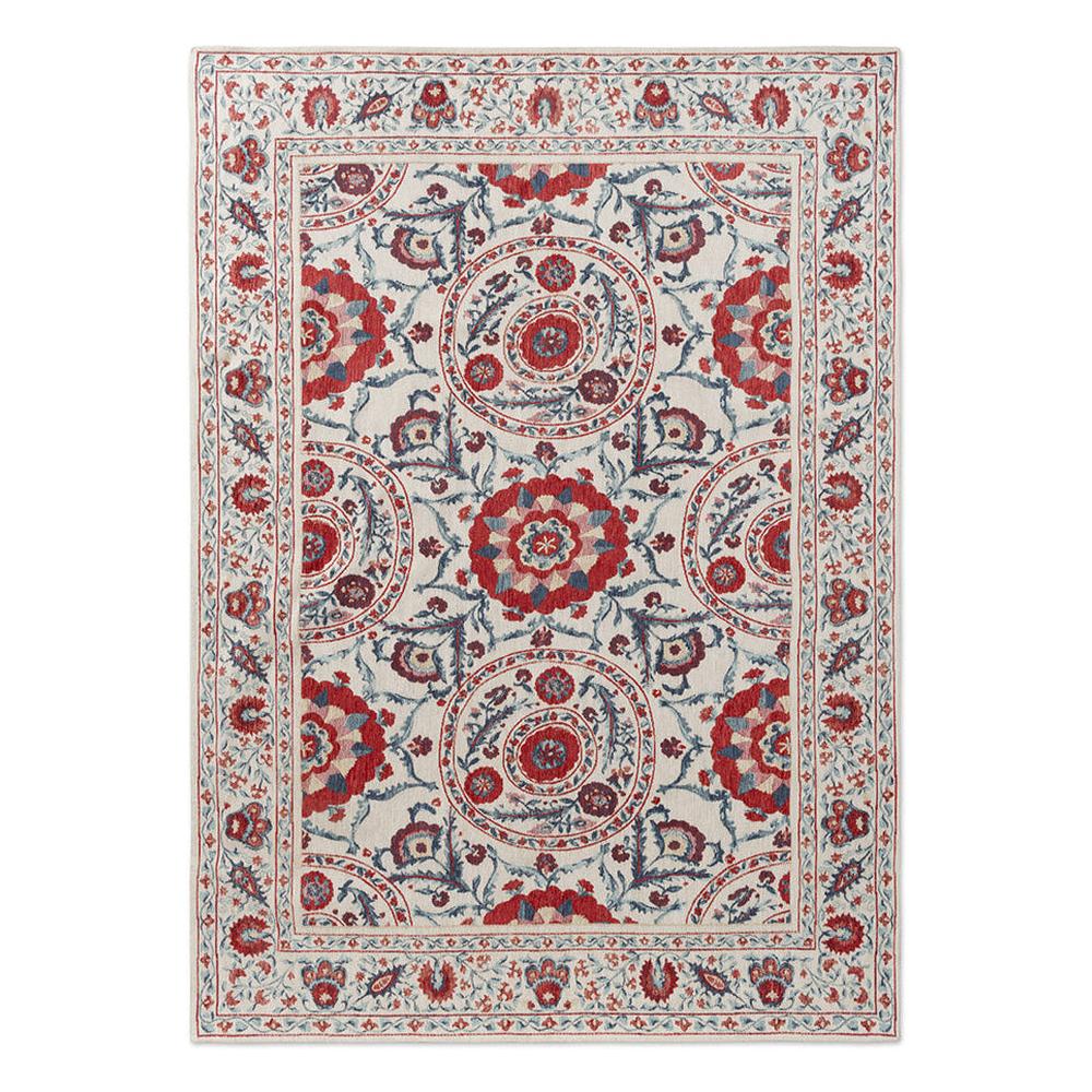 Sanderson Anthos Red Indigo jacquard woven rug featuring Uzbekistani Suzani-inspired medallion design in coral red, navy blue, and duck egg blue with ornate border on cream background
