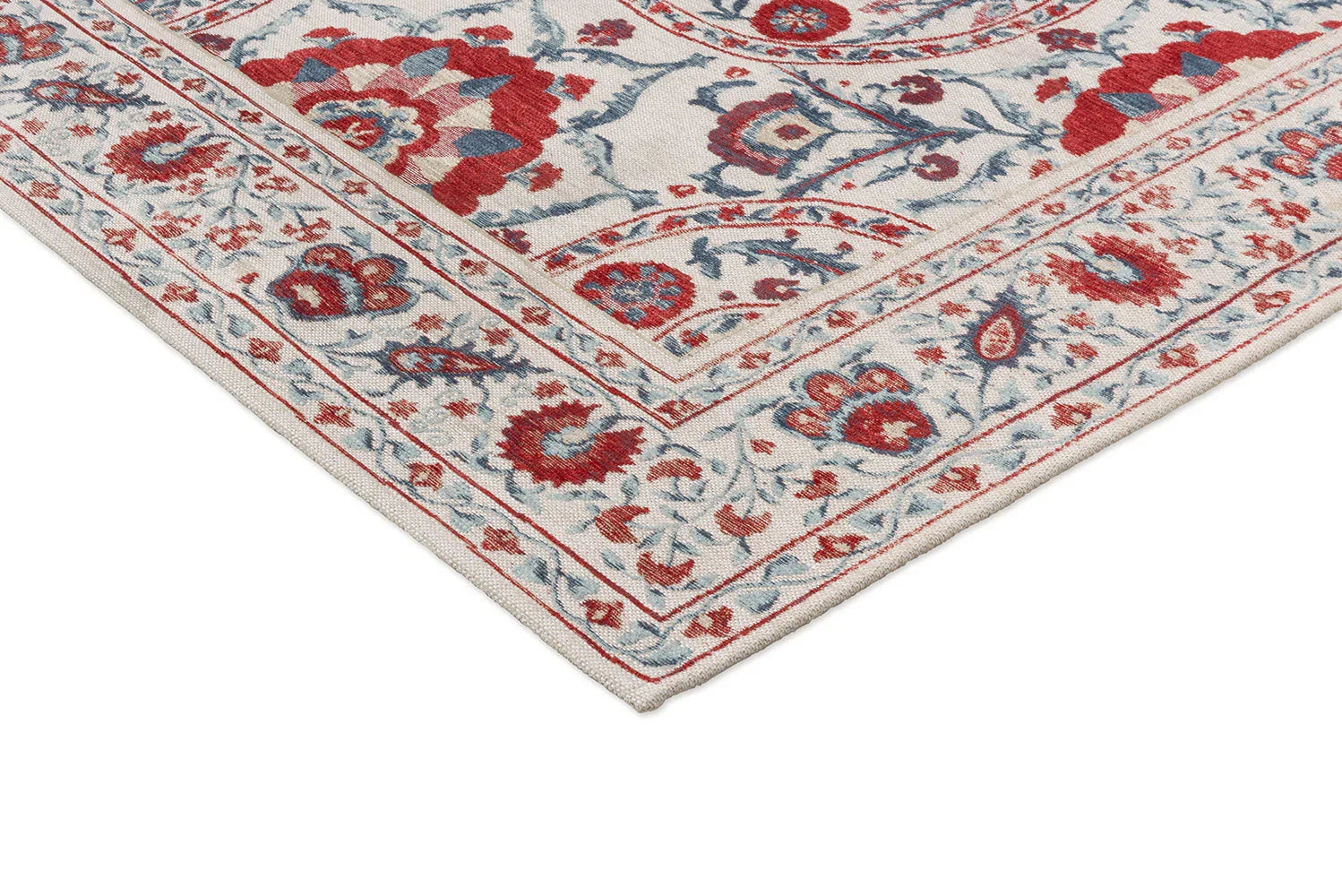 Sanderson Anthos Red Indigo designer rug featuring ornate floral border in red, indigo and cream on beige background, hand-tufted wool