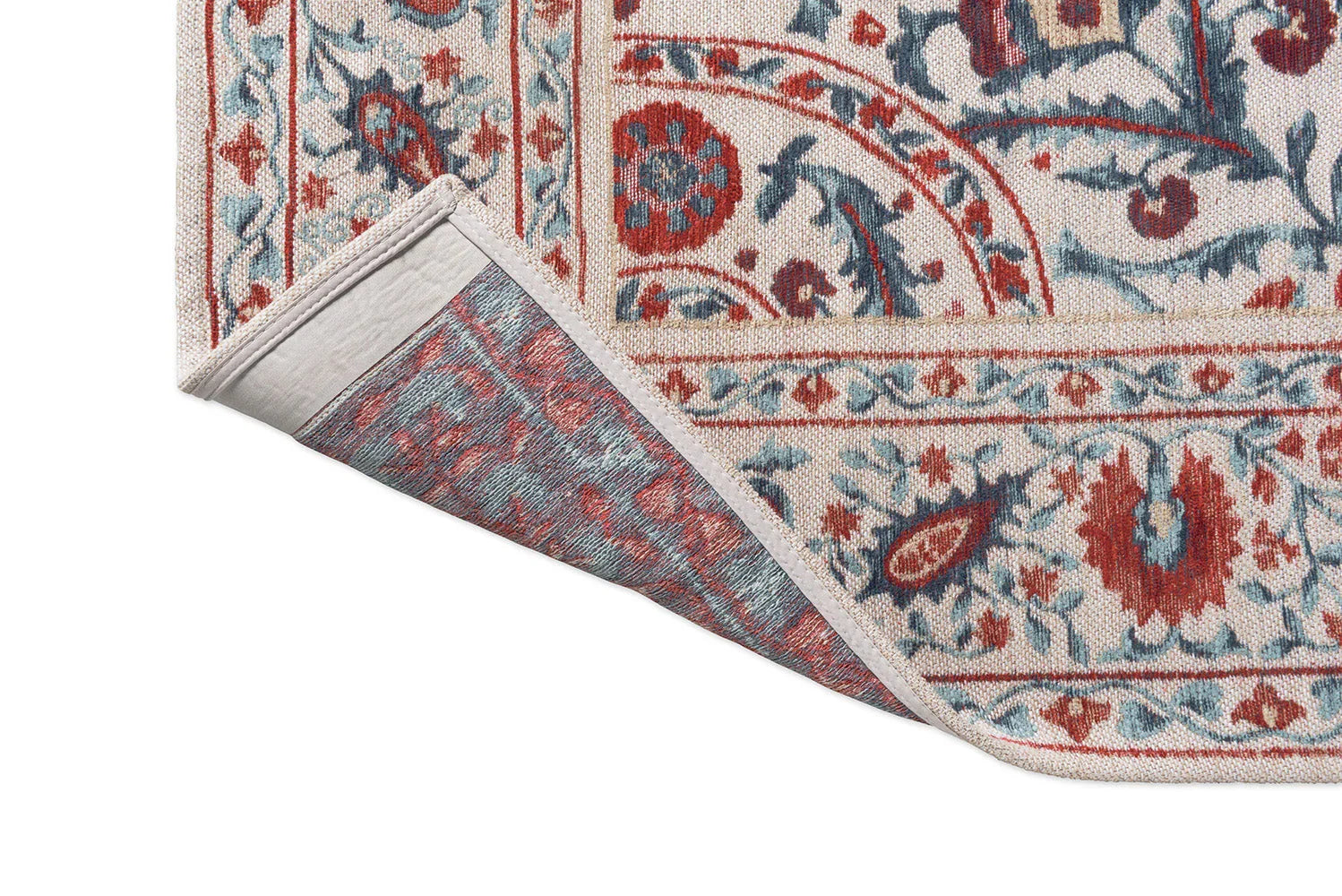 Sanderson Anthos Red Indigo rug featuring ornate floral medallion in red, navy, cream and teal on cream background, machine-woven wool blend