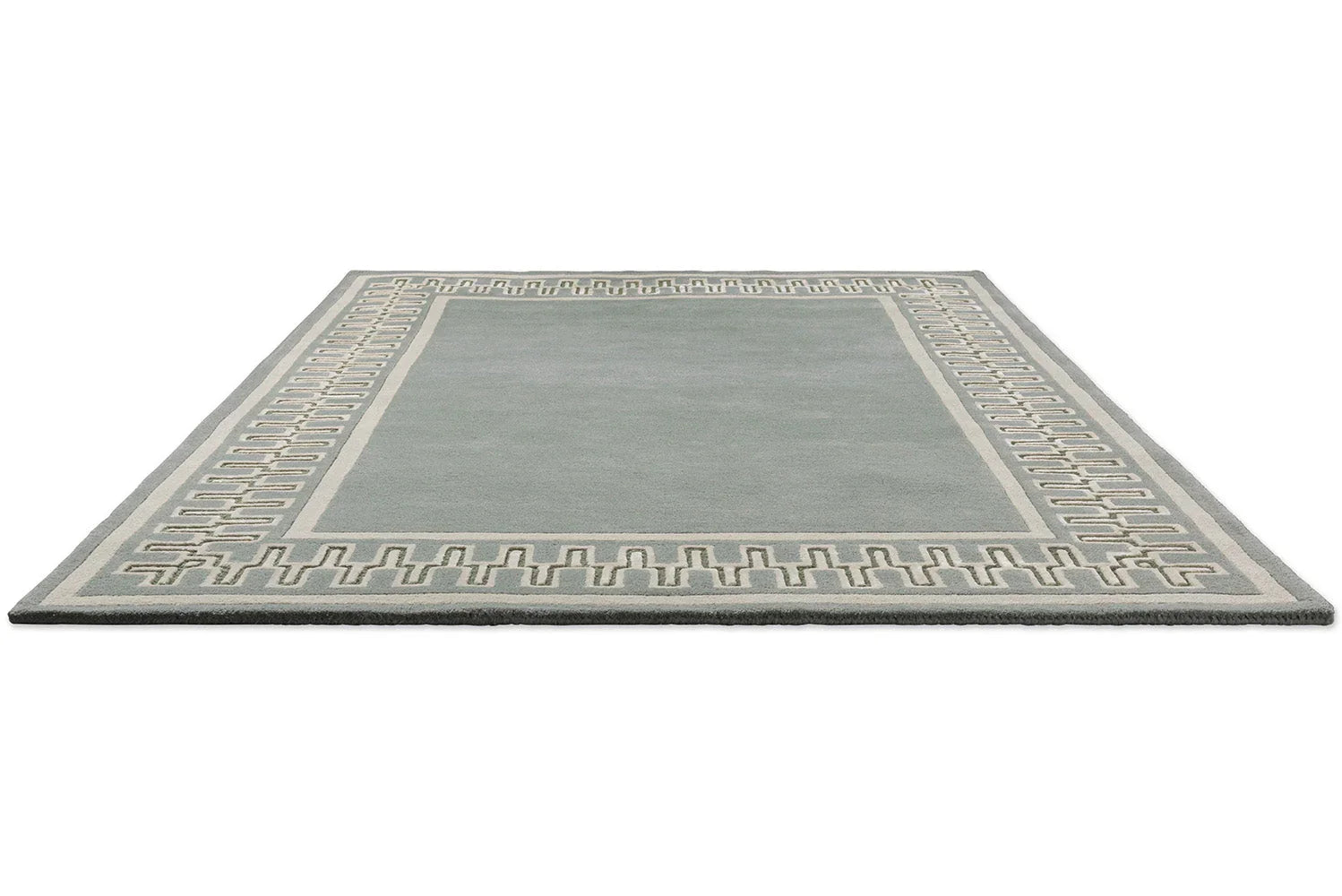 Sanderson Linnean Porcelain Designer Rug featuring geometric border in ivory, pale blue-grey and grey on soft grey background, hand-tufted wool