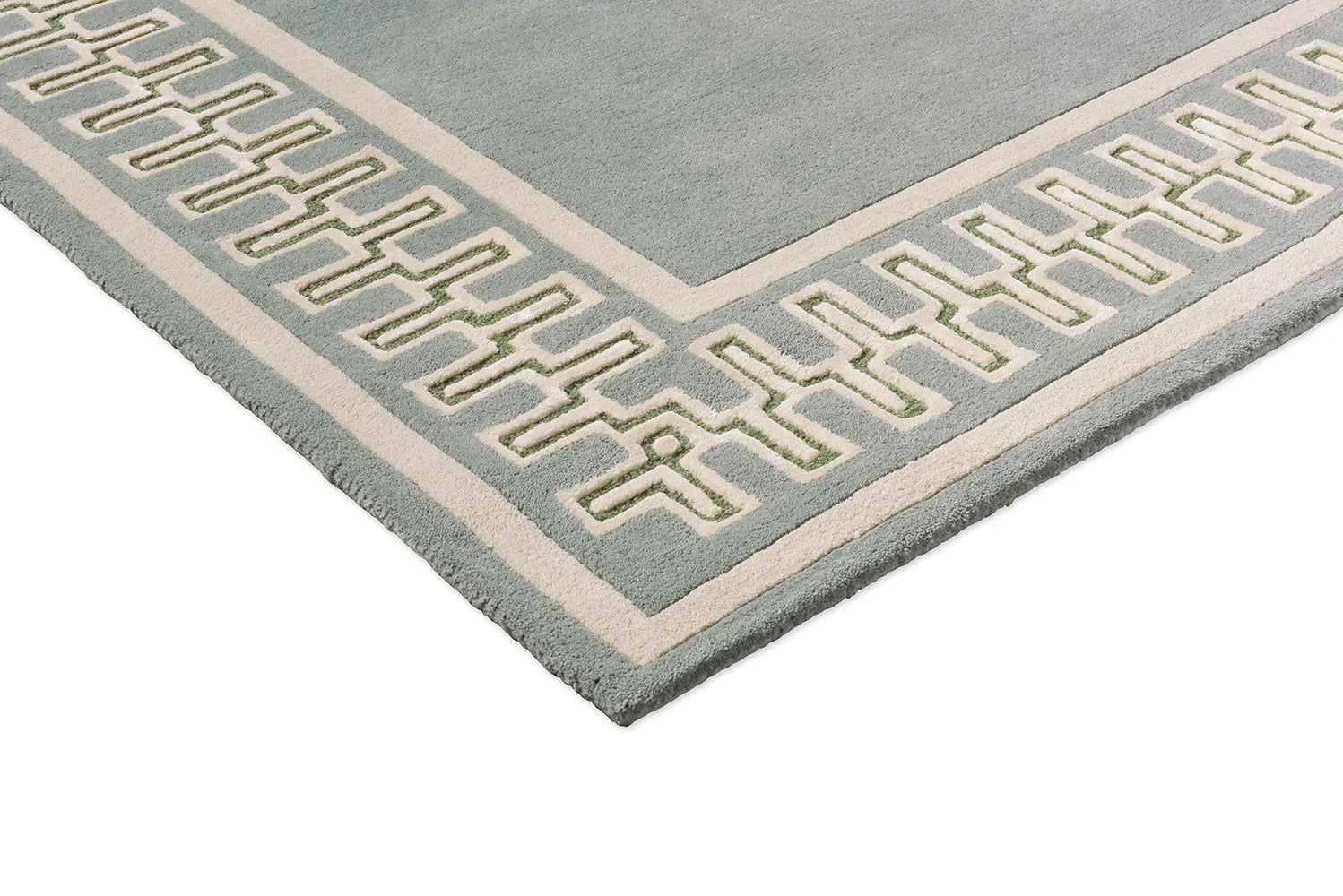 Sanderson Linnean Porcelain Designer Rug featuring geometric Greek-key border in cream, sage-green on porcelain blue-grey background, hand-tufted wool