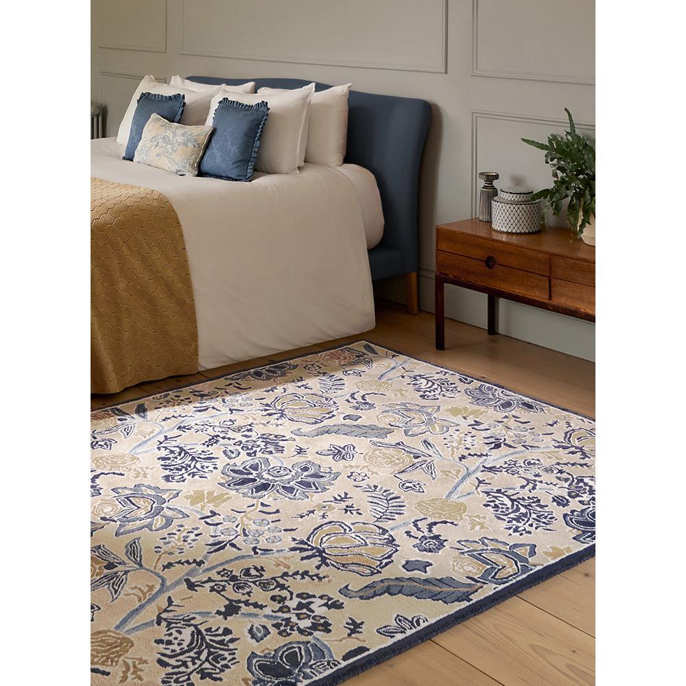 Sanderson Shalimar China Blue Designer Rug featuring floral damask in china blue, navy, cream and beige on ivory background, hand-tufted wool