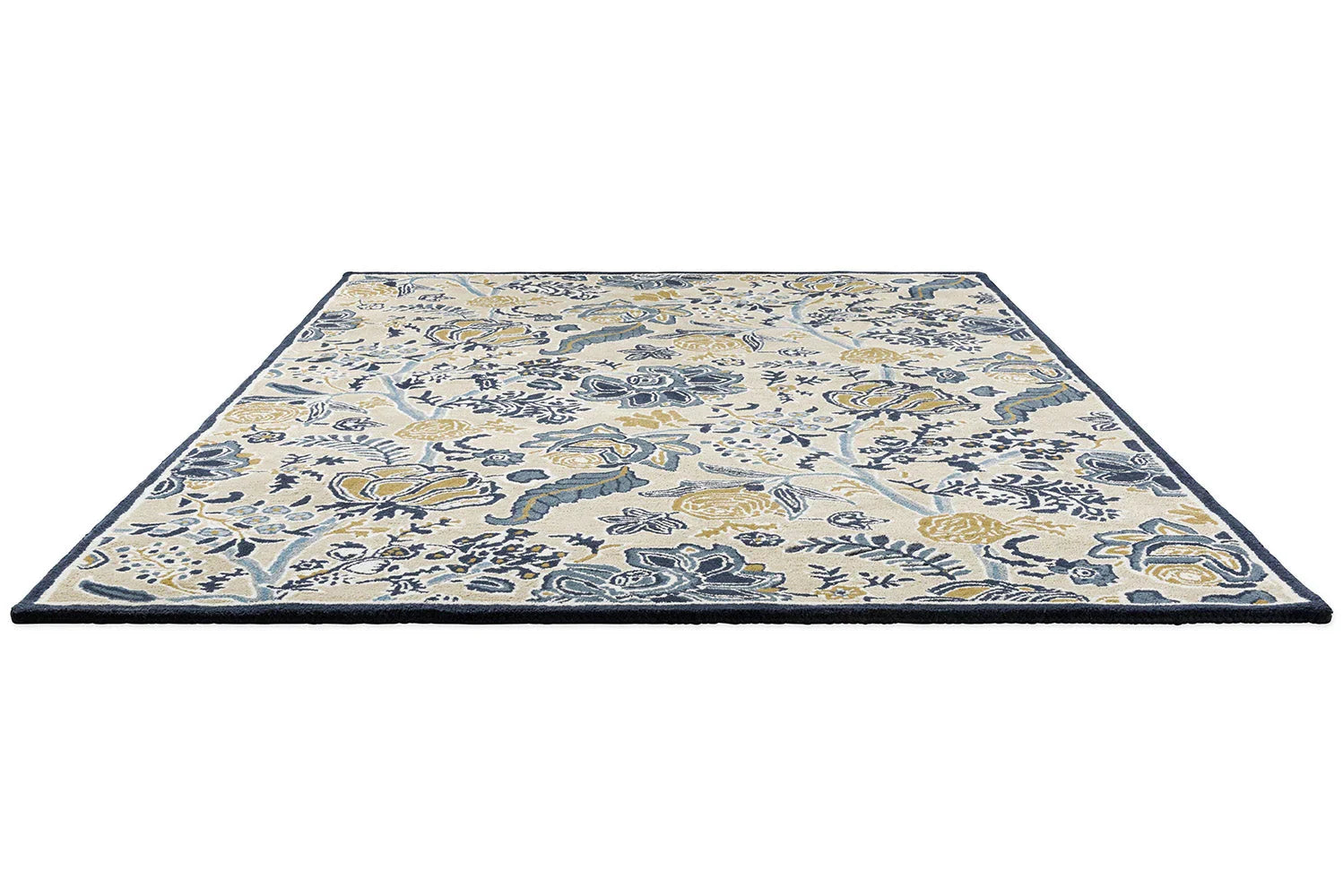Sanderson Shalimar China Blue Designer Rug featuring floral pattern in navy, china blue, ivory and gold on cream background, hand-tufted wool