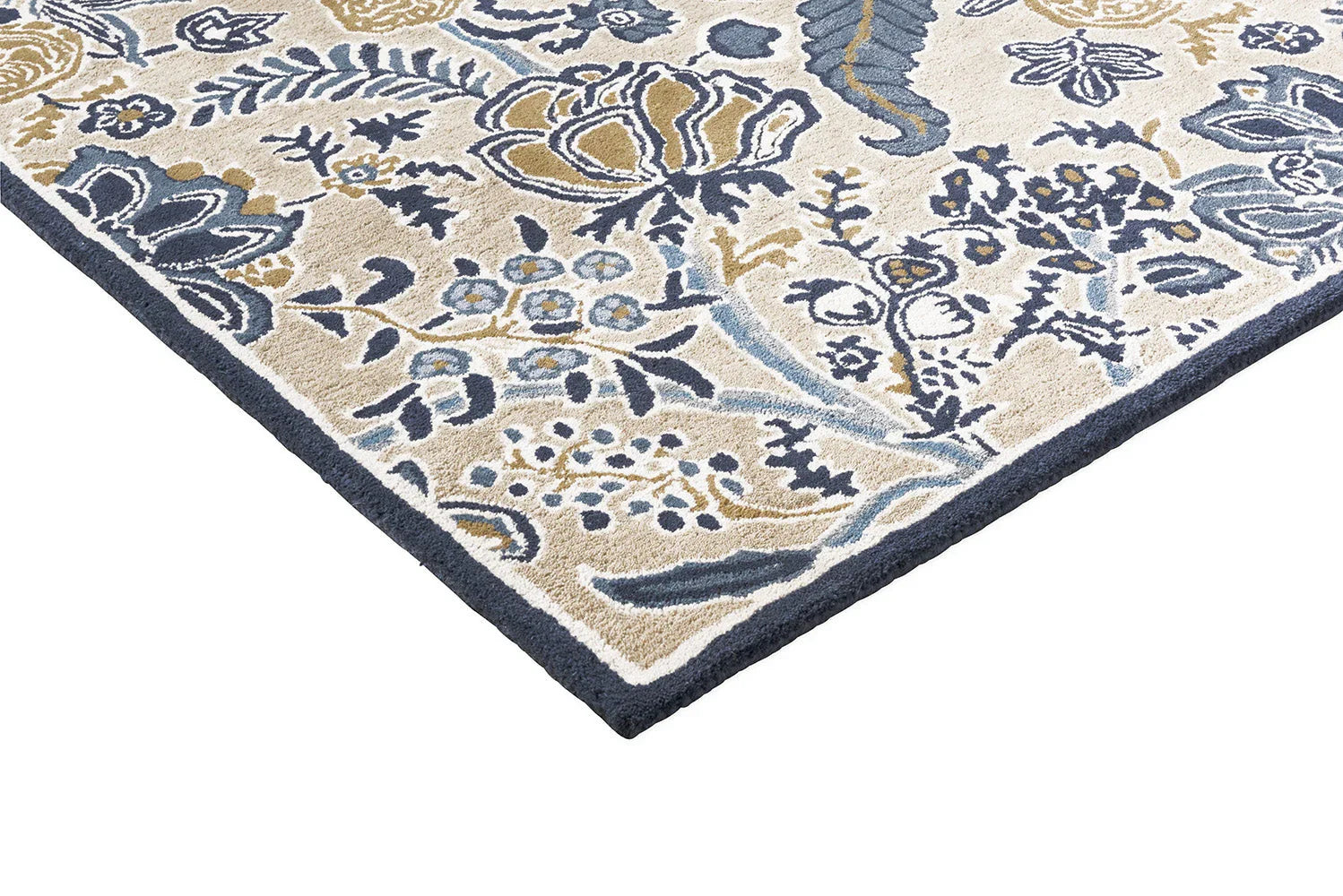 Sanderson Shalimar China Blue Rug featuring floral pattern in navy blue, china blue, beige and cream on ivory background, hand-tufted wool