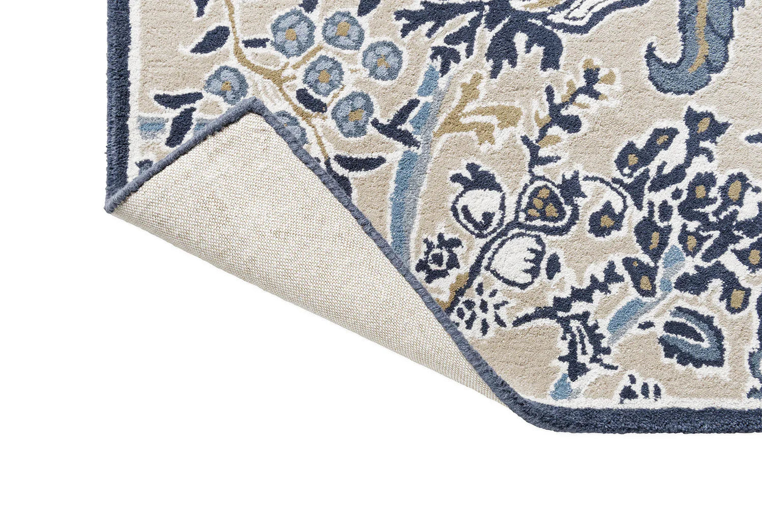 Sanderson Shalimar China Blue Designer Rug featuring floral motif in china blue, navy, beige on ivory background, hand-tufted wool
