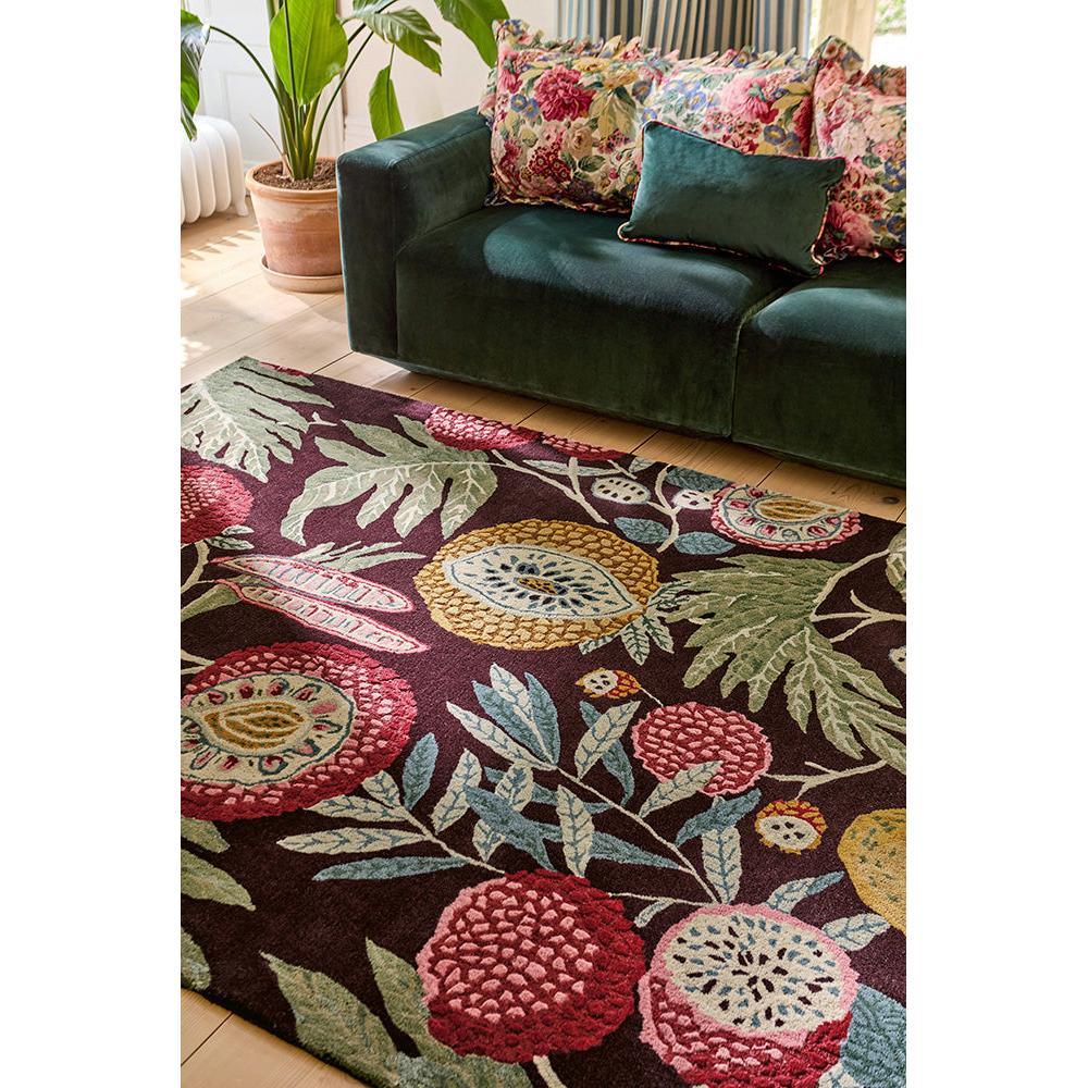 Sanderson Jackfruit Cherry Alabaster Designer Rug featuring botanical floral pattern in burgundy, pink