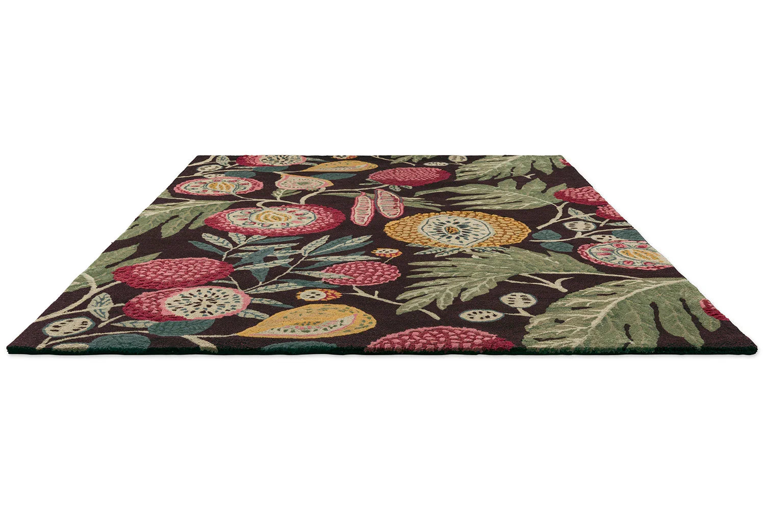 Sanderson Jackfruit Cherry Alabaster Rug featuring floral pattern in pink, red, mustard, olive on dark brown background, hand-tufted wool