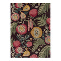 Sanderson Jackfruit Cherry Alabaster hand-tufted wool rug featuring exotic stylised jackfruit botanical design in cherry pink, golden mustard, and ochre with jade green foliage on burgundy-brown background

