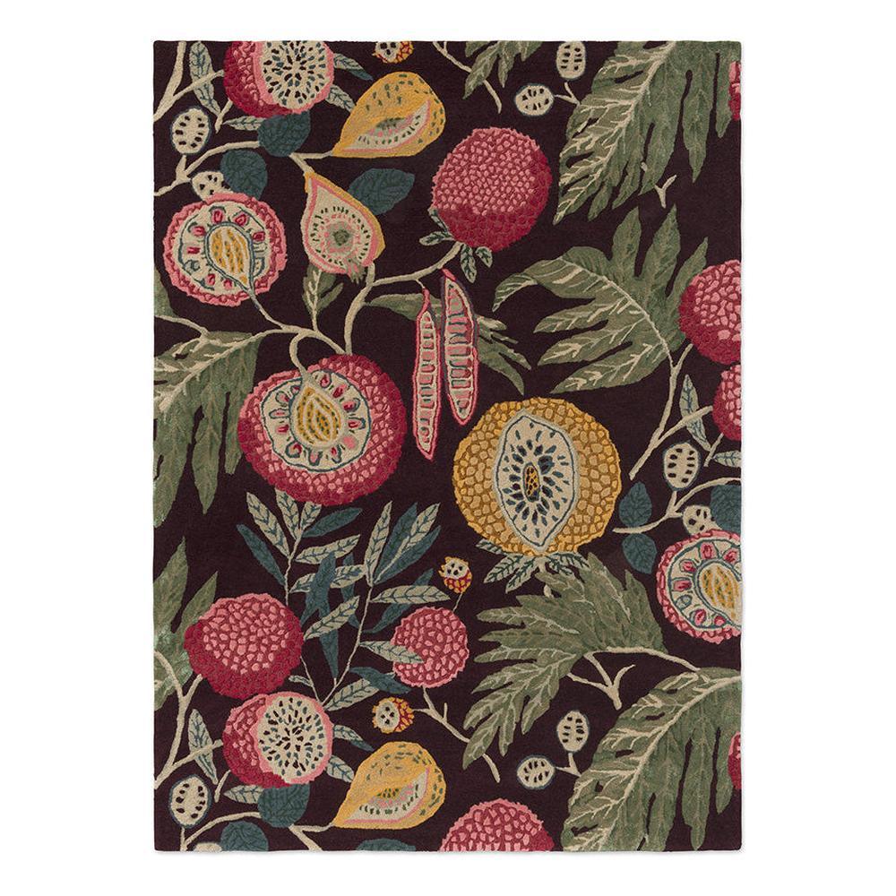 Sanderson Jackfruit Cherry Alabaster hand-tufted wool rug featuring exotic stylised jackfruit botanical design in cherry pink, golden mustard, and ochre with jade green foliage on burgundy-brown background
