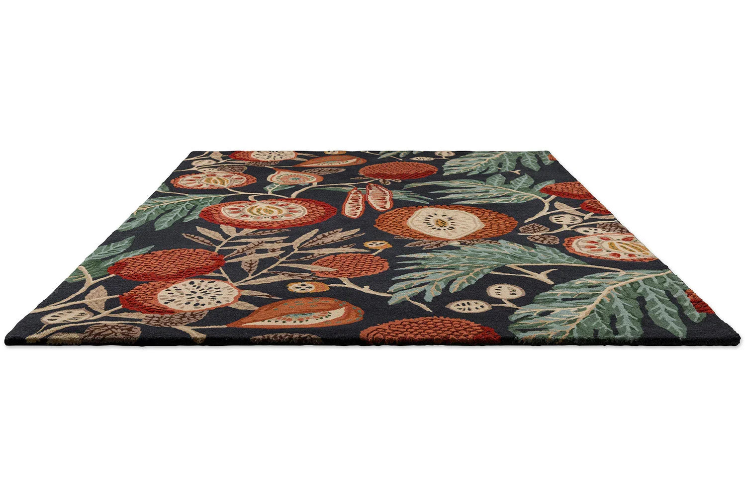 Sanderson Jackfruit Turmeric Indigo Designer Rug featuring botanical floral pattern in navy, cream, orange and green on navy background, hand-tufted wool