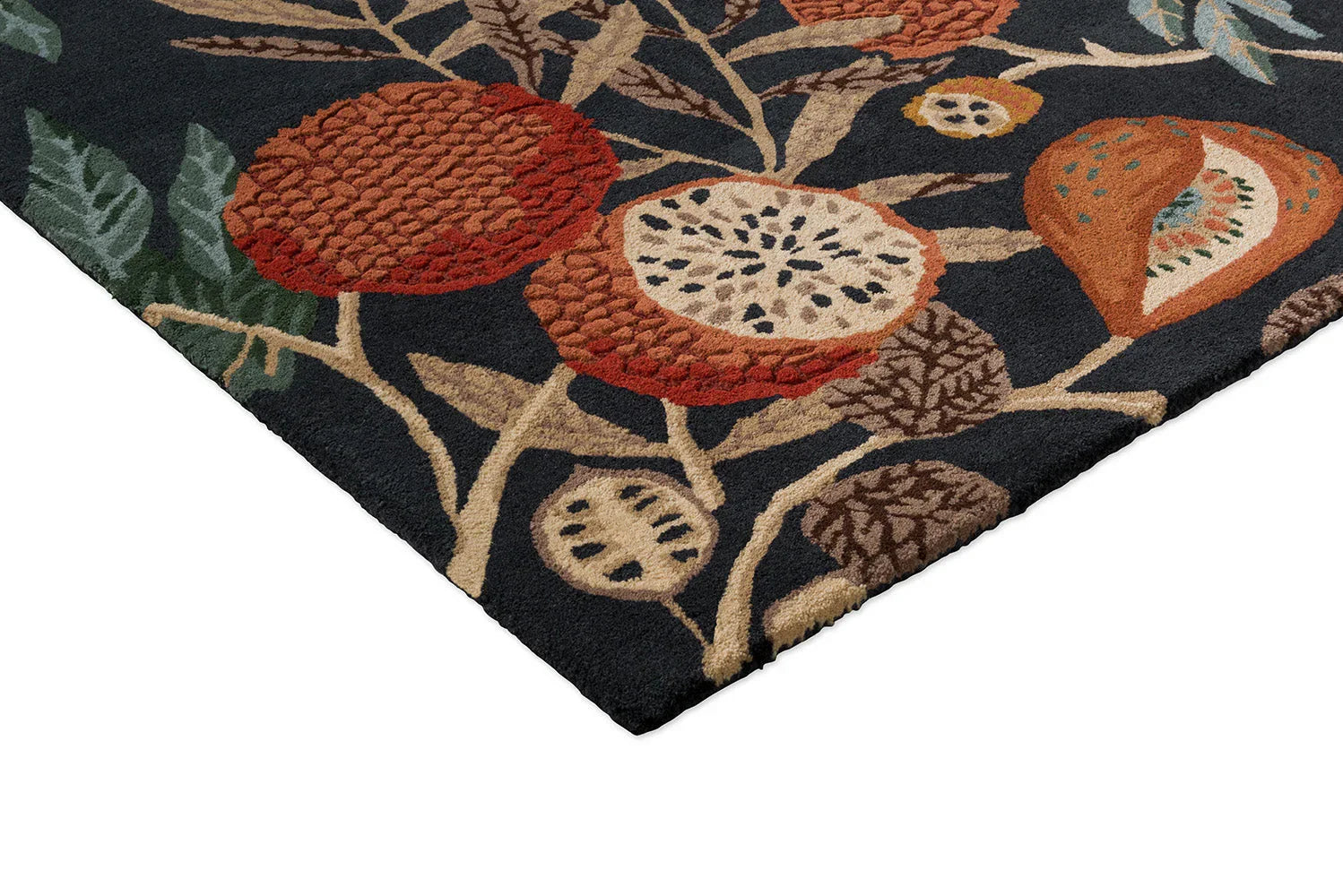 Sanderson Jackfruit Turmeric Indigo Designer Rug featuring botanical fruit pattern in turmeric, rust-red, ivory, sage-green on indigo background, hand-tufted wool