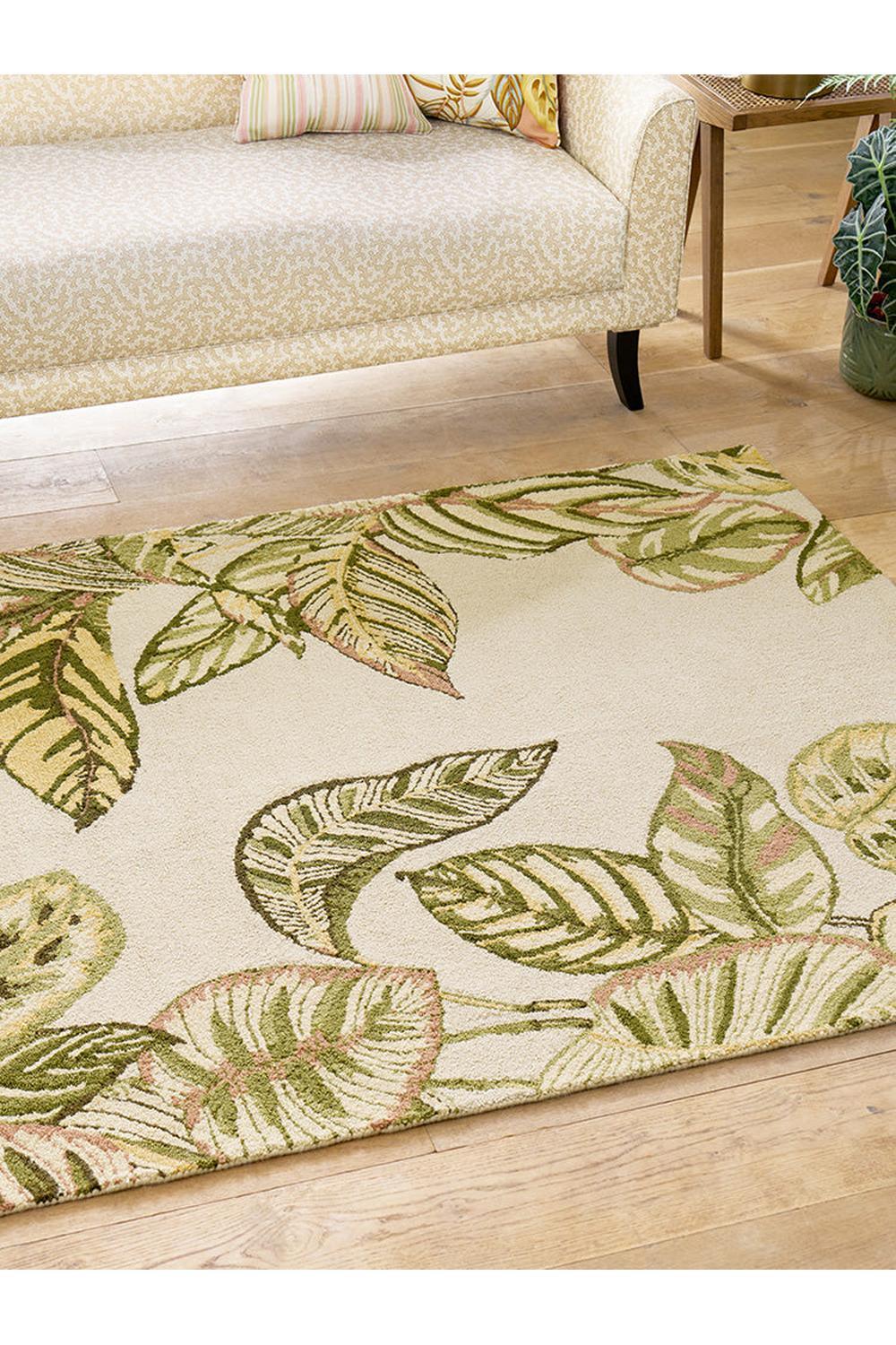 Sanderson Calathea Samphire Outdoor Rug featuring botanical leaf pattern in green, sage and pink on ivory background, machine-made polypropylene