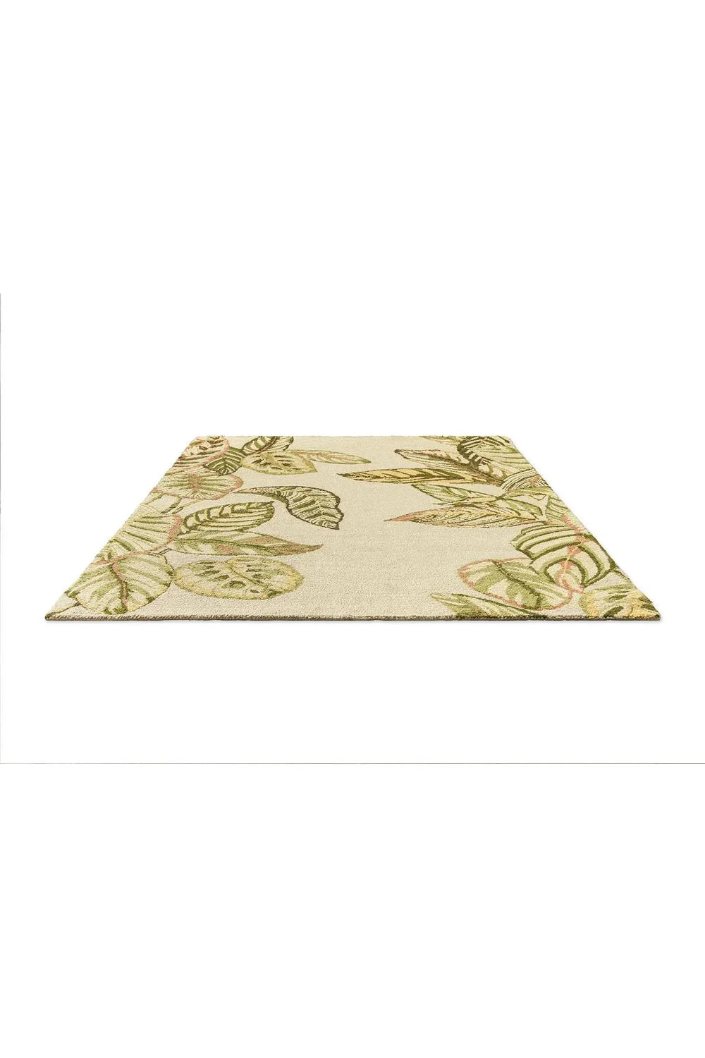 Sanderson Calathea Samphire Outdoor Rug featuring botanical leaf pattern in sage-green, olive and moss on cream background, power-loomed
