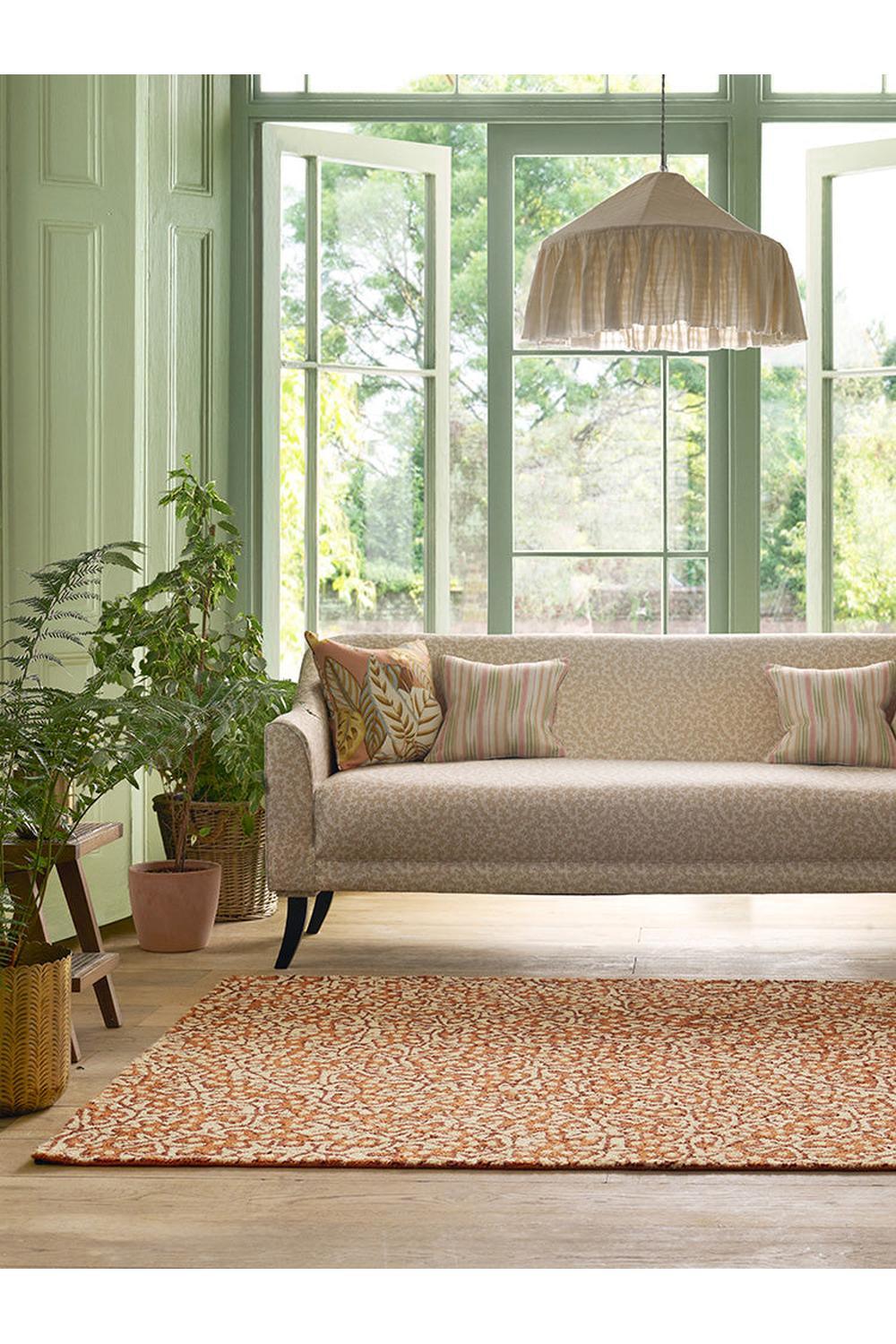 Sanderson Truffle Sandstone Designer Outdoor Rug featuring damask pattern in burnt orange, terracotta and cream on ivory background, power-loomed polypropylene