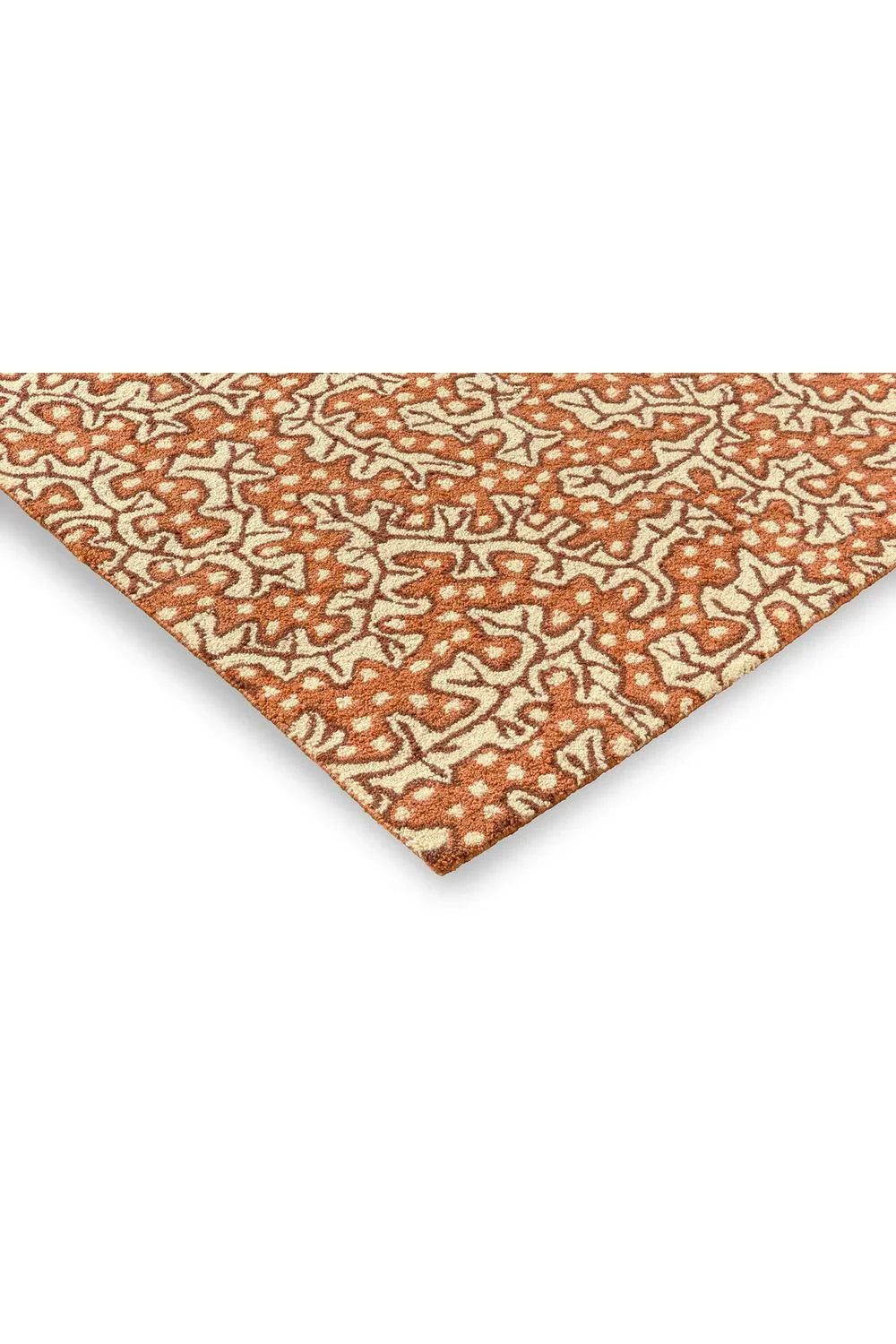 Sanderson Truffle Sandstone Outdoor Rug featuring arabesque pattern in rust orange and cream on sandstone background, outdoor woven polypropylene