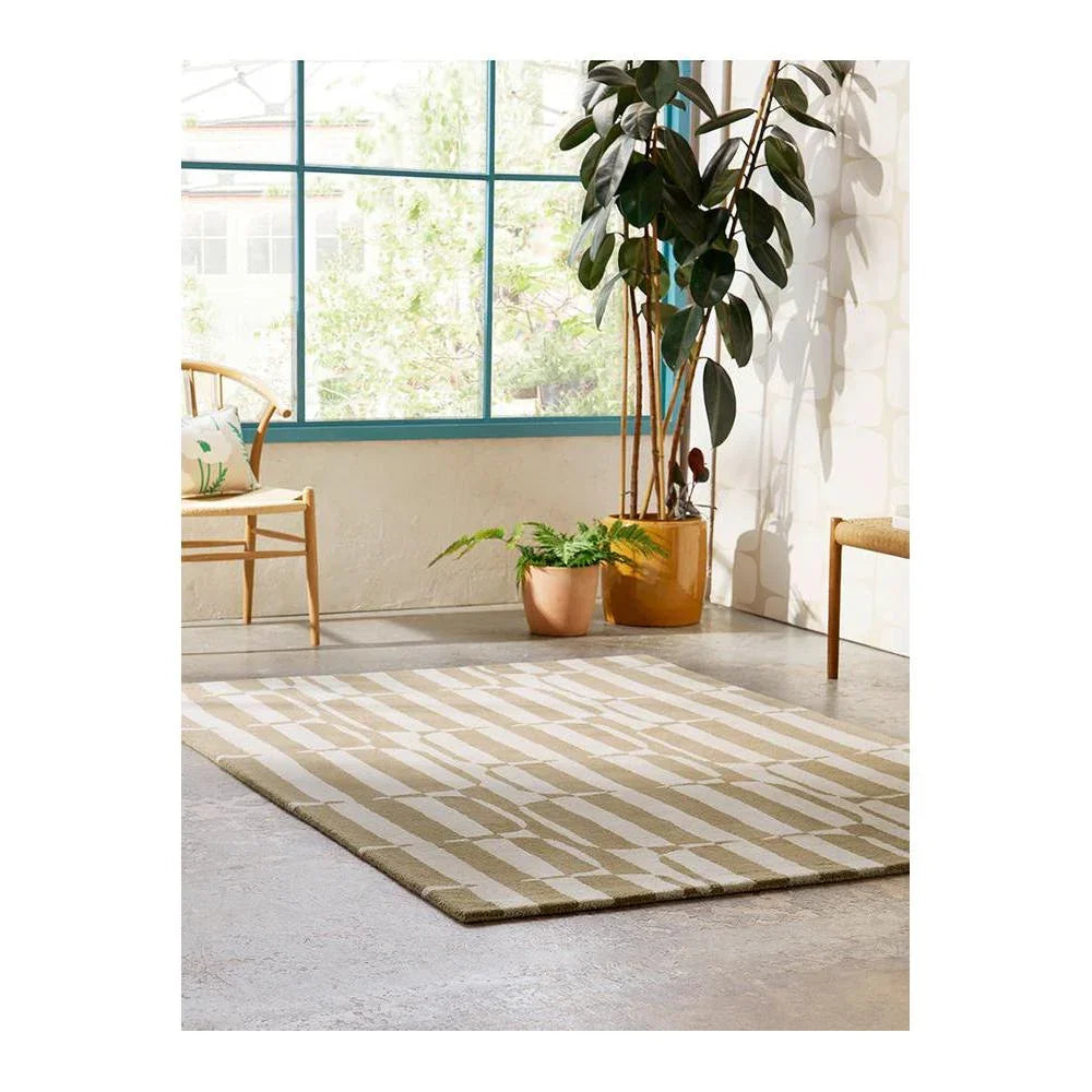 Scion Lohko Stripe Pebble Designer Rug featuring beige and cream geometric stripes on ivory background, woven rug