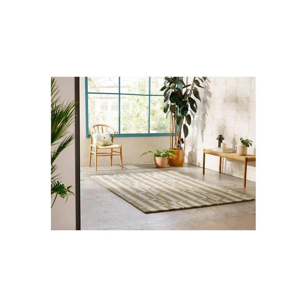 Scion Lohko Stripe Rug featuring striped geometric pattern in beige, ivory and taupe on light background, hand-tufted wool
