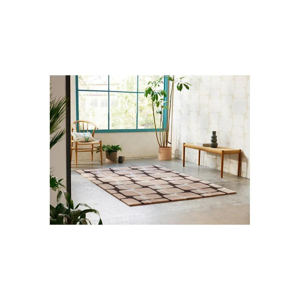 Scion Going Lohko - Dusk designer rug featuring geometric grid pattern in taupe, warm brown and cream on light beige background, hand-tufted wool