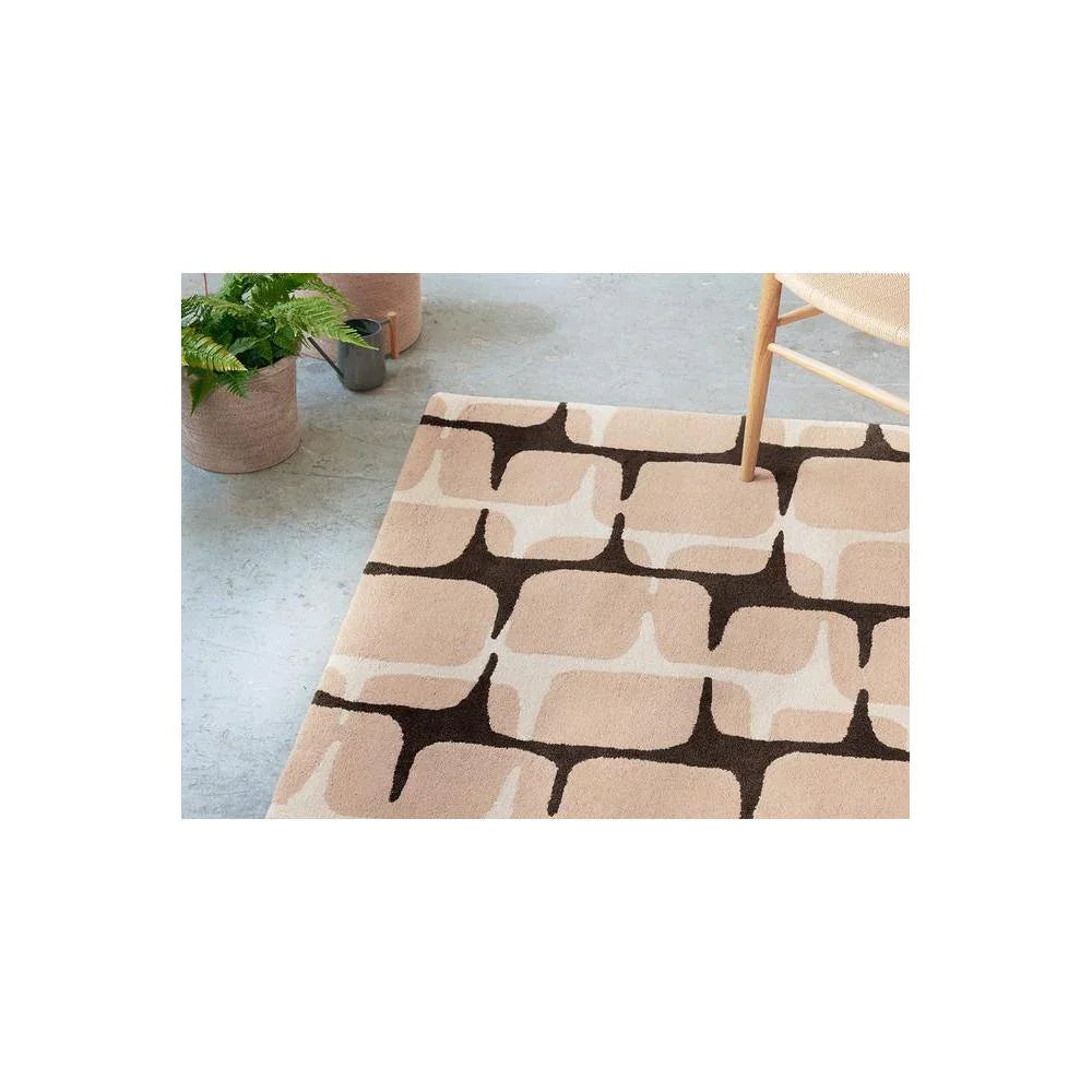Scion Going Lohko - Dusk rug featuring geometric block pattern in beige, taupe, cream and chocolate brown on cream background