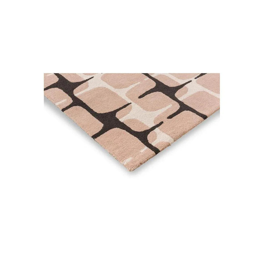 Scion Going Lohko - Dusk rug with abstract lattice in blush pink, cream and chocolate on rose background, hand-tufted wool