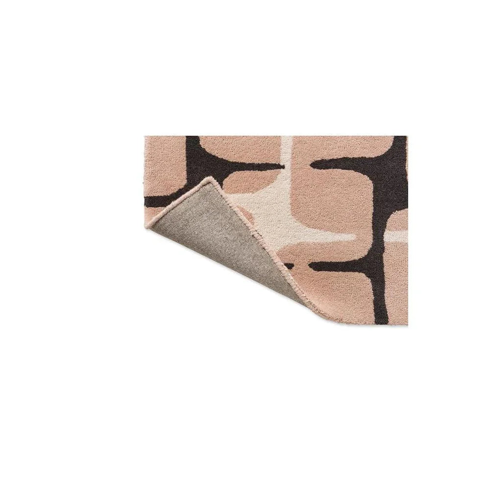 Scion Going Lohko - Dusk Rug featuring abstract geometric pattern in blush pink, cream, taupe and charcoal on pale beige, machine-made polyester