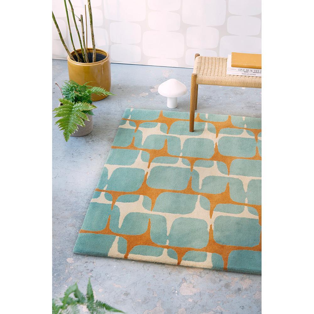 Scion Going Lohko - Sky Designer Rug featuring geometric blocks in teal, burnt orange and cream on cream background, hand-tufted wool
